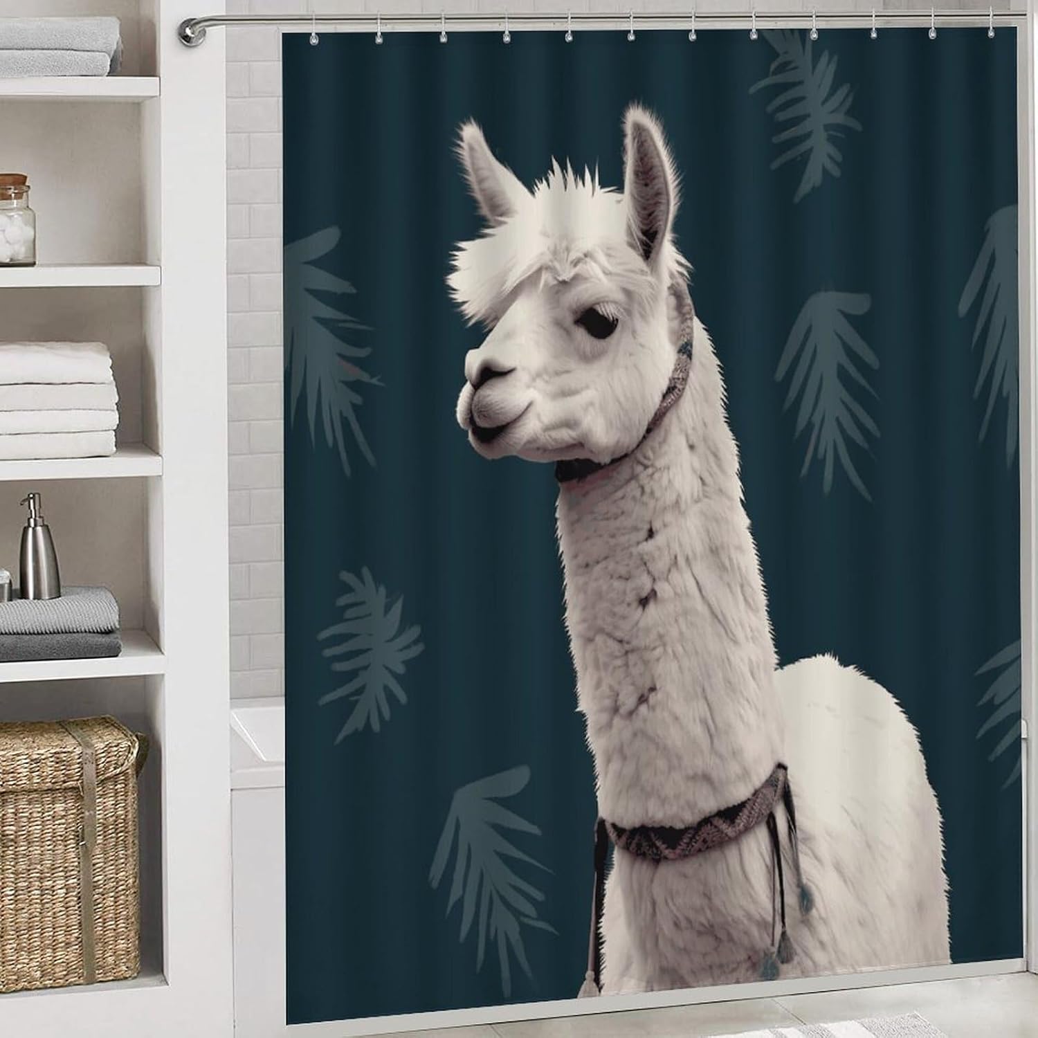 Alpaca Llama Shower Curtains Set 4 Piece with Non-Slip Rugs, Toilet Lid Cover and Bath Mat Soft Bathroom Carpet Waterproof Bathroom Curtain with 12 Hooks for Bathroom Decor