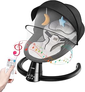 Baby Bouncer with Bluetooth, Baby Bouncer from Birth with 5 Swing Speed, 3-Stage Timer and Remote Control, Baby Swing Chair from Birth with 2 Plush Toys & Soft Padded Newborn Bouncer (Black)