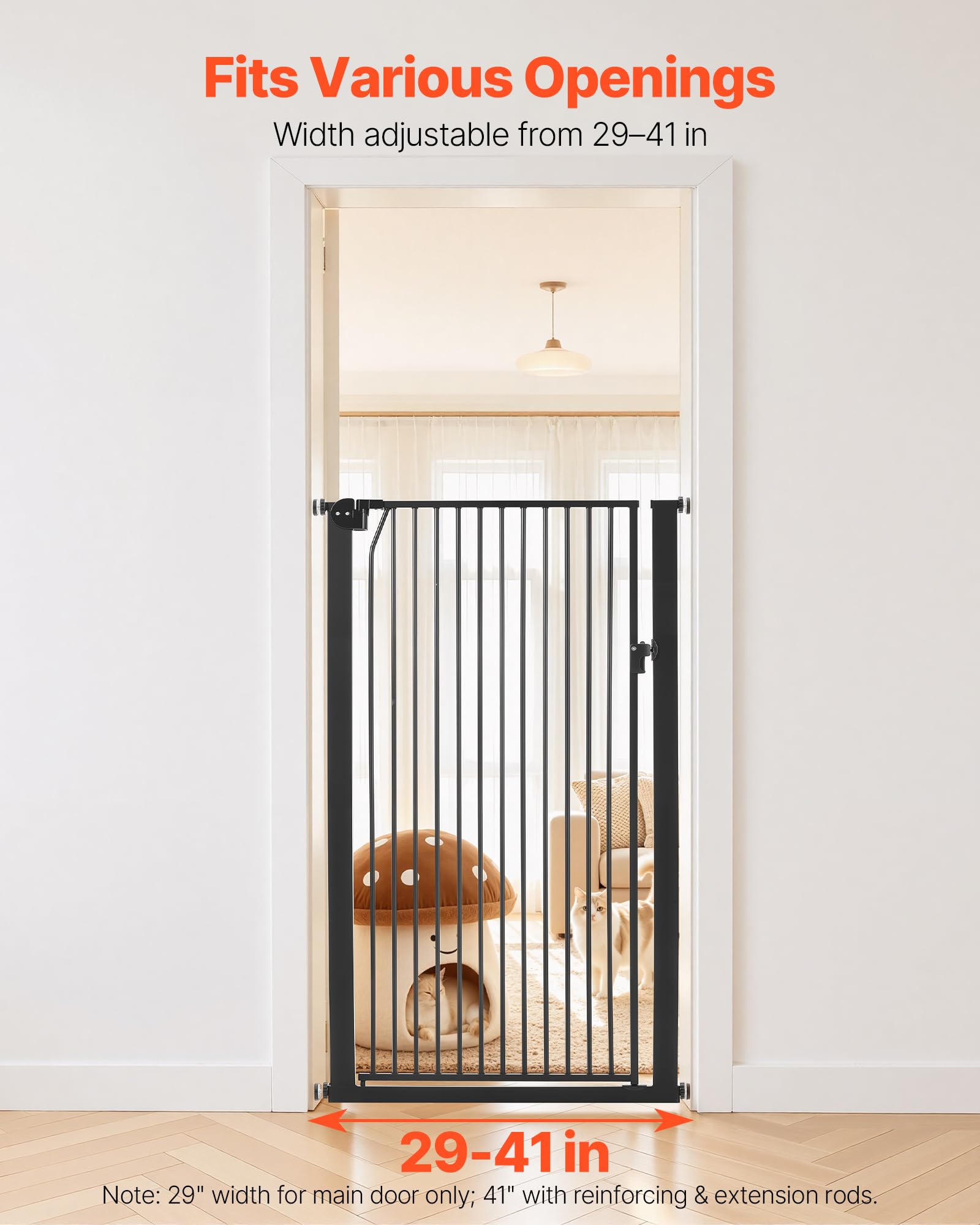 VEVOR Barrière de Sécurité pour Animaux Très Haute, Largeur Réglable 74-105 cm, Porte Chien Hauteur 142 cm, Barreaux Espacés 33 mm, Fixation par Pression ou Murale, pour Escaliers Portes Maison, Noir
