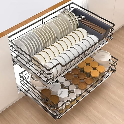 Miniatura 1 de Organizador de armario de cocina extraíble de 2 niveles de acero inoxidable 304 resistente con cajones de almacenamiento para ollas sartenes