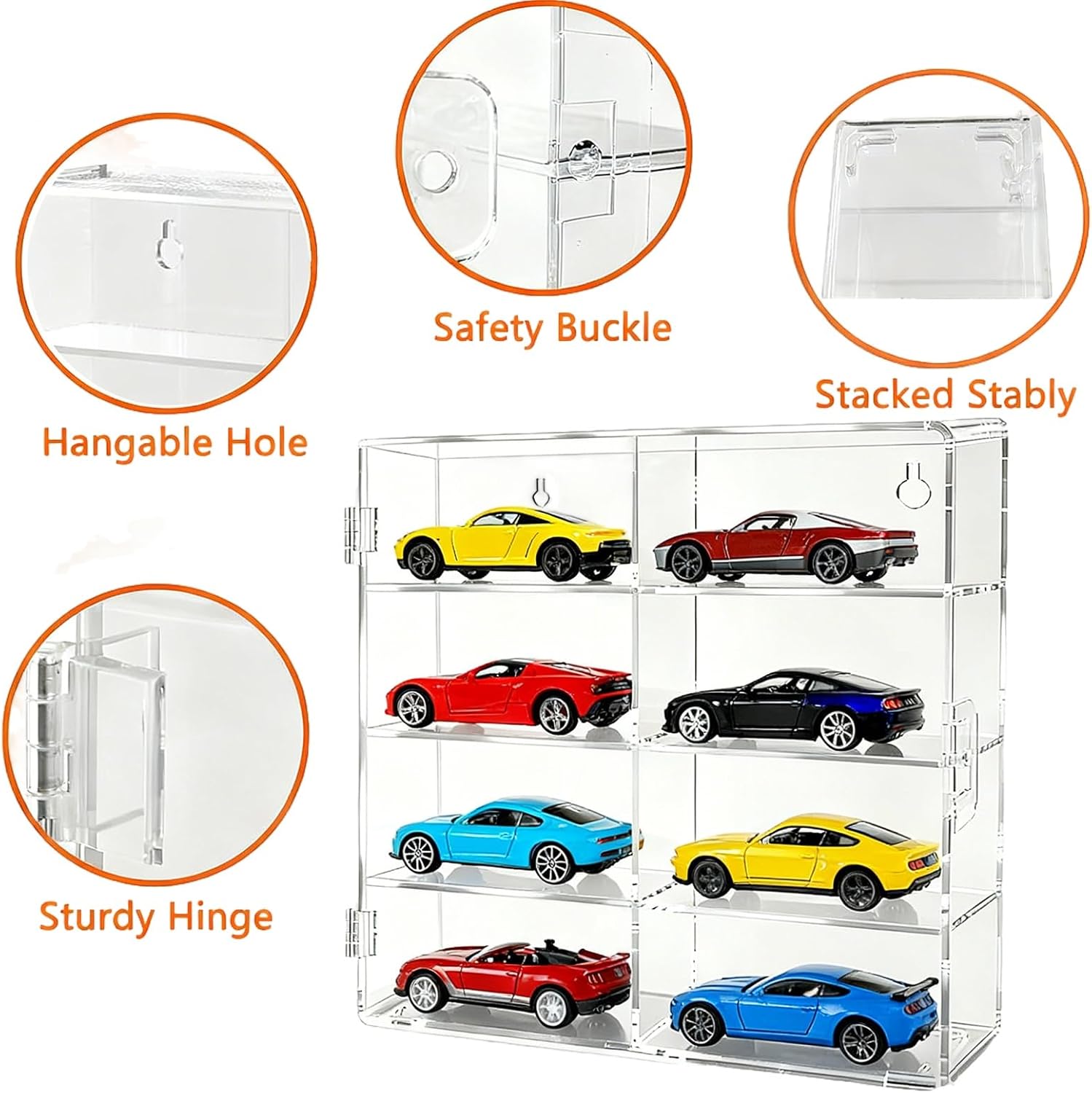4-Pack Clear Display Case for 1/64 Scale Die-Cast Cars, Compatible with Hot Wheels & Matchbox, Wall-Mountable & Stackable Toy Car Storage Boxes, Holds 32 Cars, Dustproof, 6.5 × 7.5 × 1.6 in
