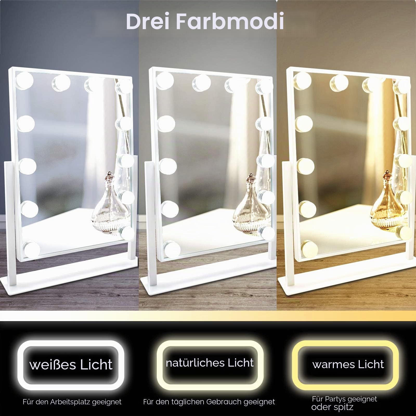 TUREWELL Hollywood Make-up-Spiegel mit Lichtern, großer beleuchteter Kosmetikspiegel mit 3 Farblicht und 12 dimmbaren LED-Leuchtmitteln, Smart-Touch-Control-Bildschirm und 360-Grad-Drehung
