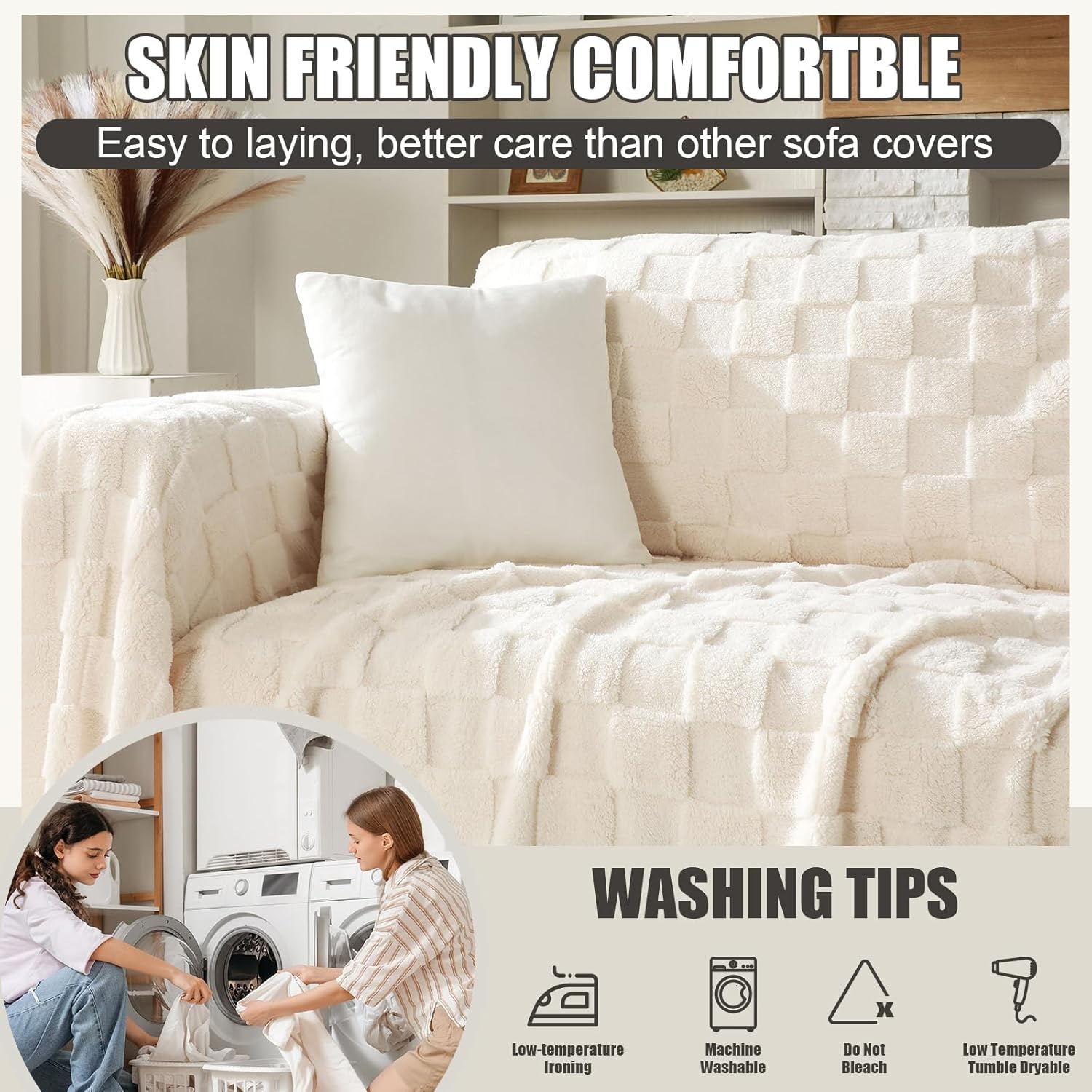 Newwiee 71 x 118 Inch Checkered Jacquard Plush Warm Couch Cover Cozy, Sofa Covers Fluffy Plush, Sofa Slipcover Furniture Protector, Couch Cozy Washable Furniture Protector for Kids Pets