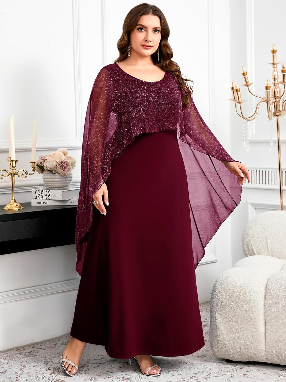 CYCLAMEN Plus Size Evening Gown with Sparkly Cape Overlay Elegant A Line Mother of The Bride Dress for Wedding Guest - Image 6