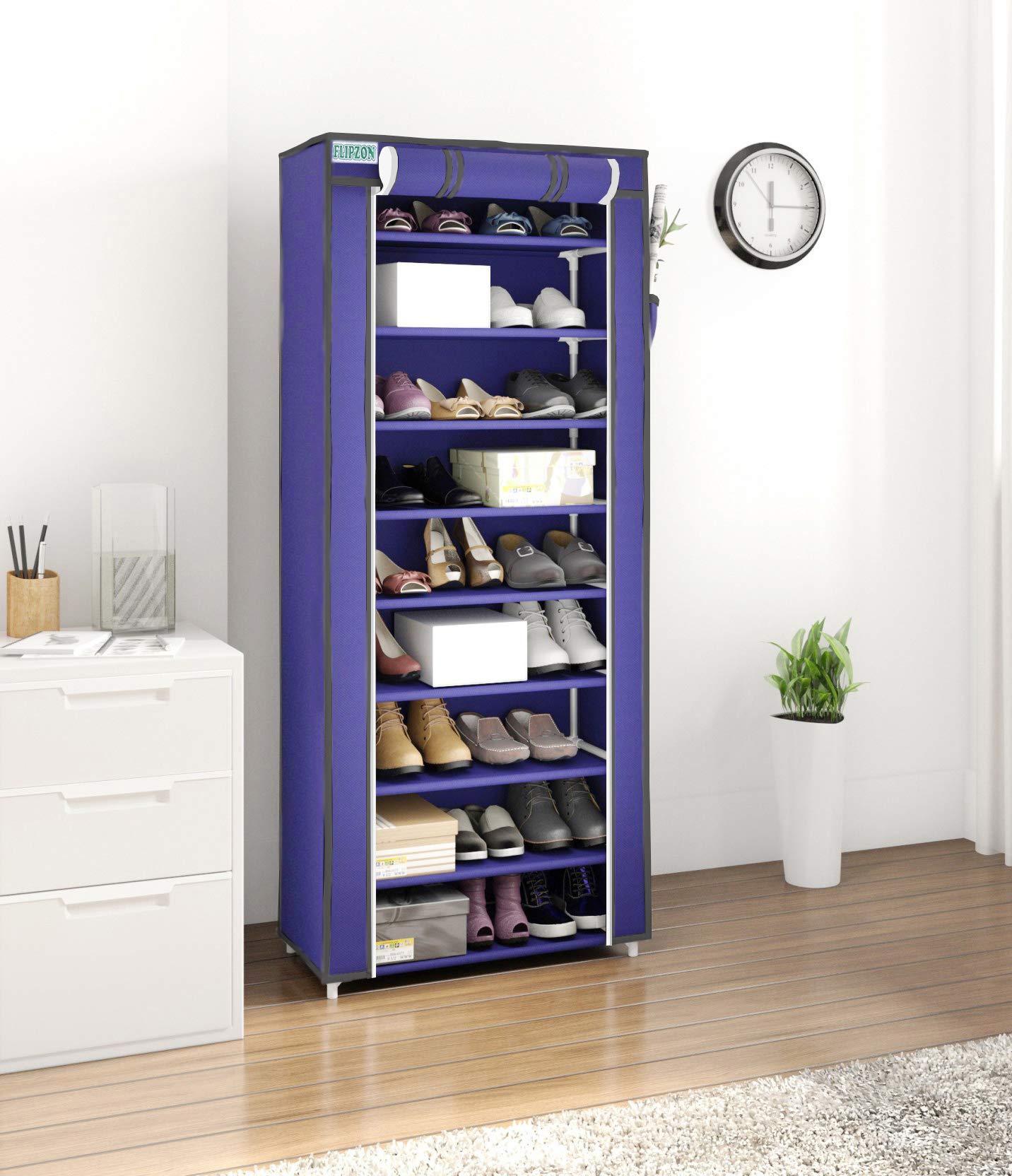 FLIPZON Multipurpose 9-Tiers Shoe Rack with Dustproof Zip Cover & Side Pockets, Multiuse Wide Space Storage Rack made by Non Woven Fabric for footwear, Toys, clothes (9 Shelves) (Blue) (B08R6BC1GW) Amazon Price History, Amazon Price Tracker
