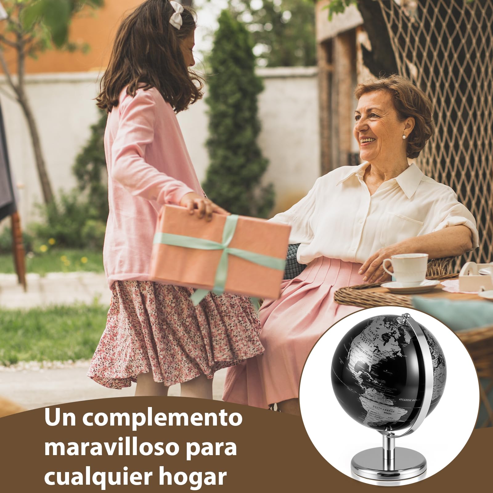 GOPLUS Globo Terráqueo Moderno Negro con Detalles Dorados/Plateados, Soporte Metálico, Base Antideslizante, Zona Horaria, Globo Terráqueo Decorativo de Mesa para el Hogar, la Oficina (Plata)