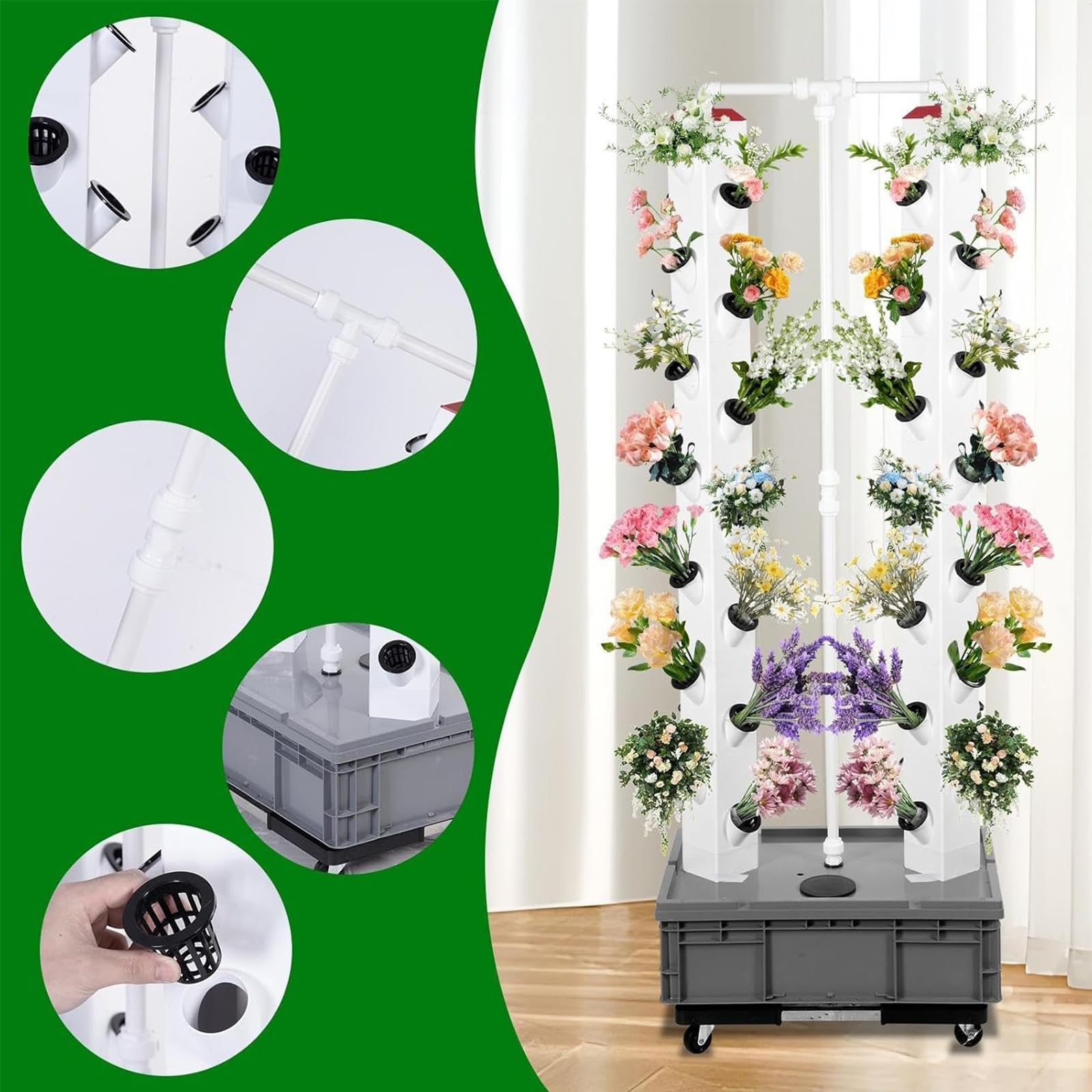 Hydroponie Kit Complet, avec 56 Trous de Plantation et 4 Roues, Tour Aéroponique, Tour Hydroponique Verticale pour Les Amateurs de Jardinage, Gris
