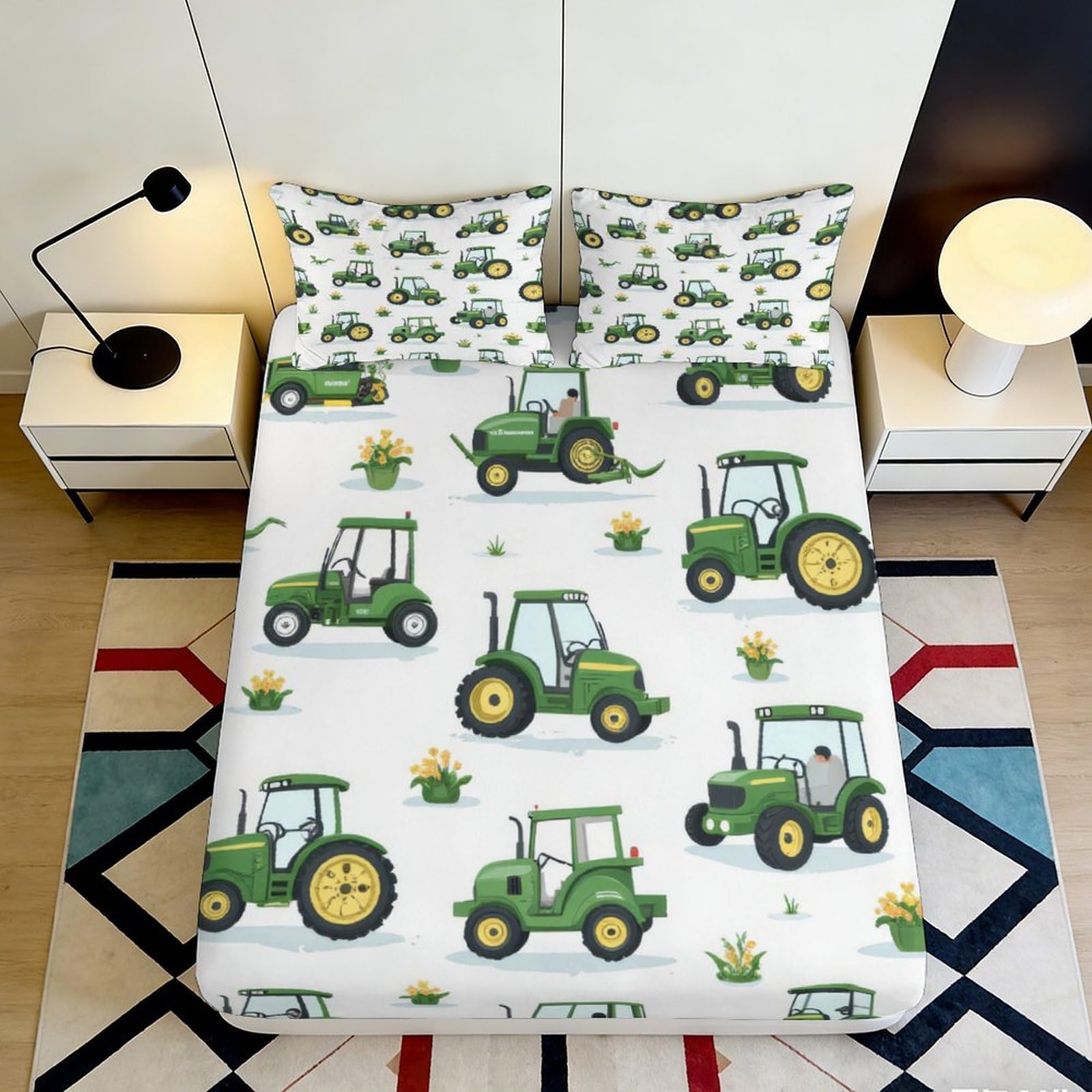 3D Printed Green Tractor Fitted Sheet, Microfiber Soft Touch, Wrinkle Resistant, Home Bedroom Bed Sheet, Guest Room Bedding, Easy Care, Anti-Slip, Farm Theme 90x200x25cm