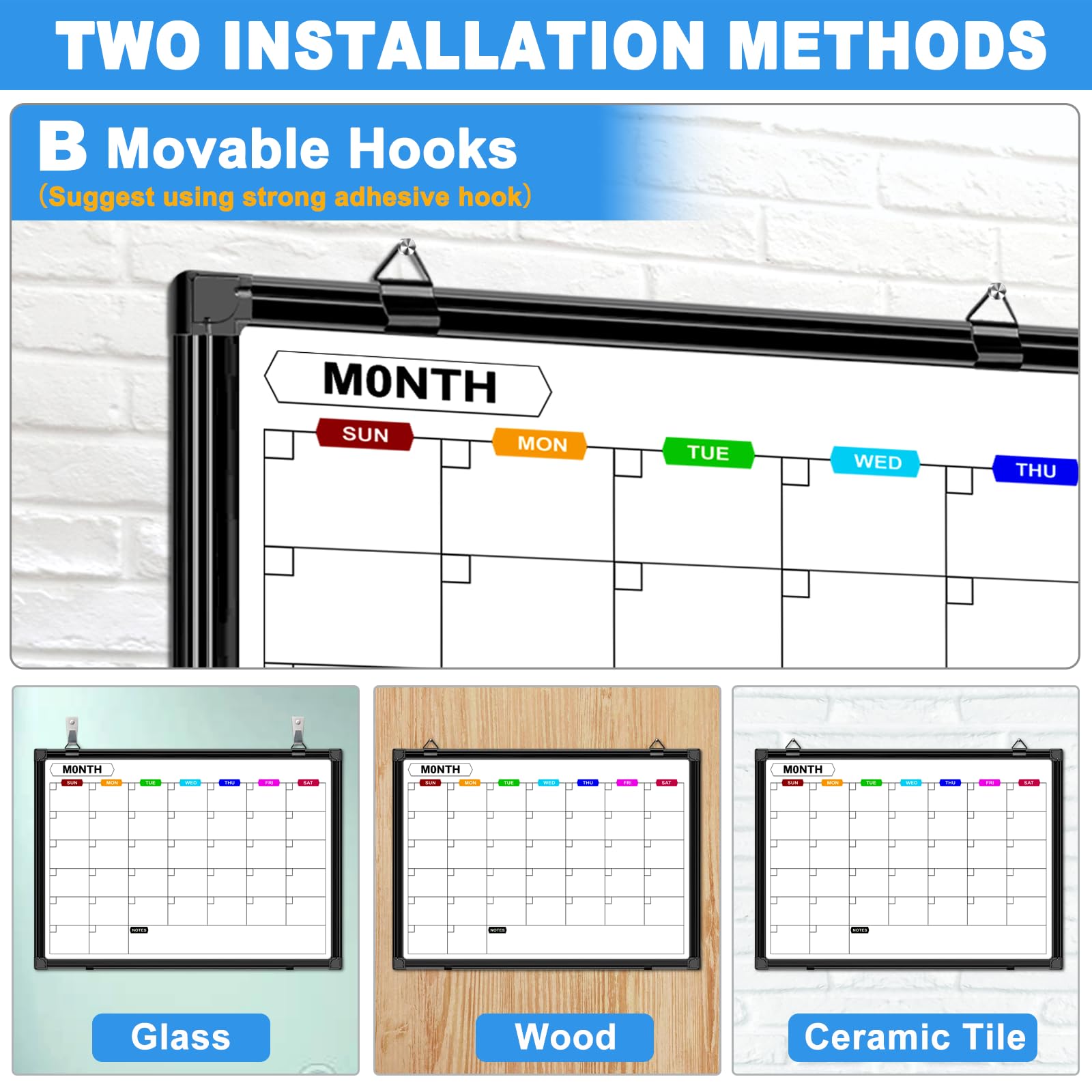 Pizarra blanca para pared de 24 x 18 pulgadas, calendario mensual de borrado en seco con marco de aluminio negro, pizarra de borrado en seco para oficina, hogar y escuela