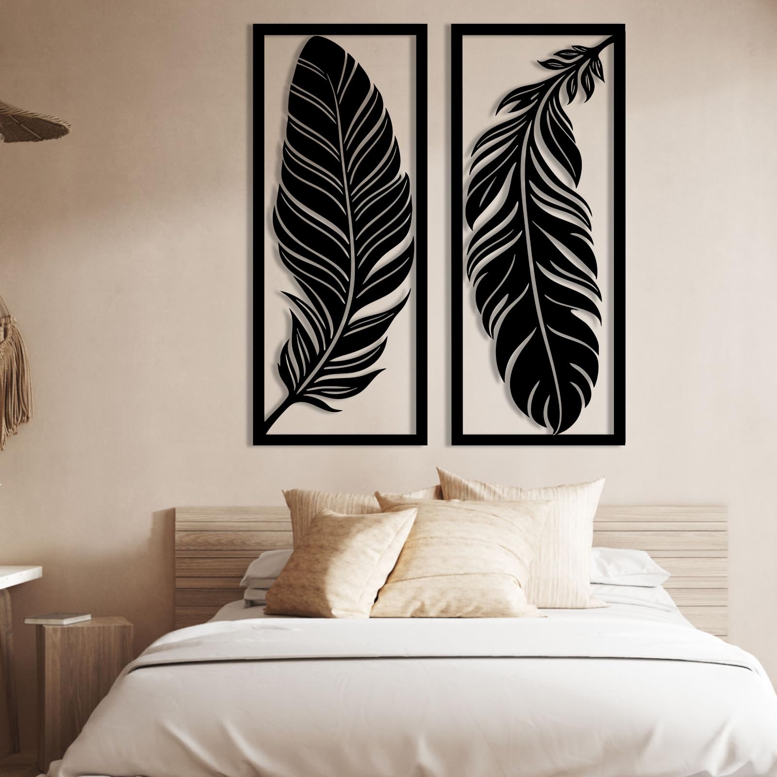 Schwarze Metallfeder-Wandkunst, Metalllinien-Wanddeko, Federkunstwerk, Moderne Skulptur zur Dekoration von Wohnzimmer, Schlafzimmer, Flur (Weiß, 64 x 76 cm)