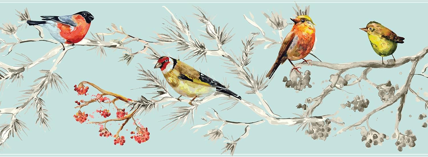 Grace & Gardenia GB30011 Birds in Pines Peel and Stick Wallpaper Border 10in Height x 15ft Blue White Pink Yellow Designs