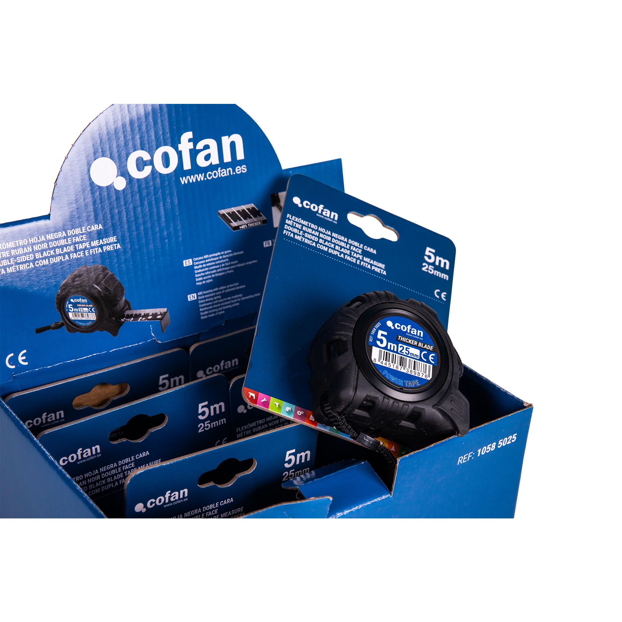 Cofan Espositore per flessometri con foglio di nylon nero e stampa bianca con doppio lato di Cofan | Include 6 flessometri | Misura 5 m o 8 m | Lama 25 mm (6, 5 m x 25 mm)