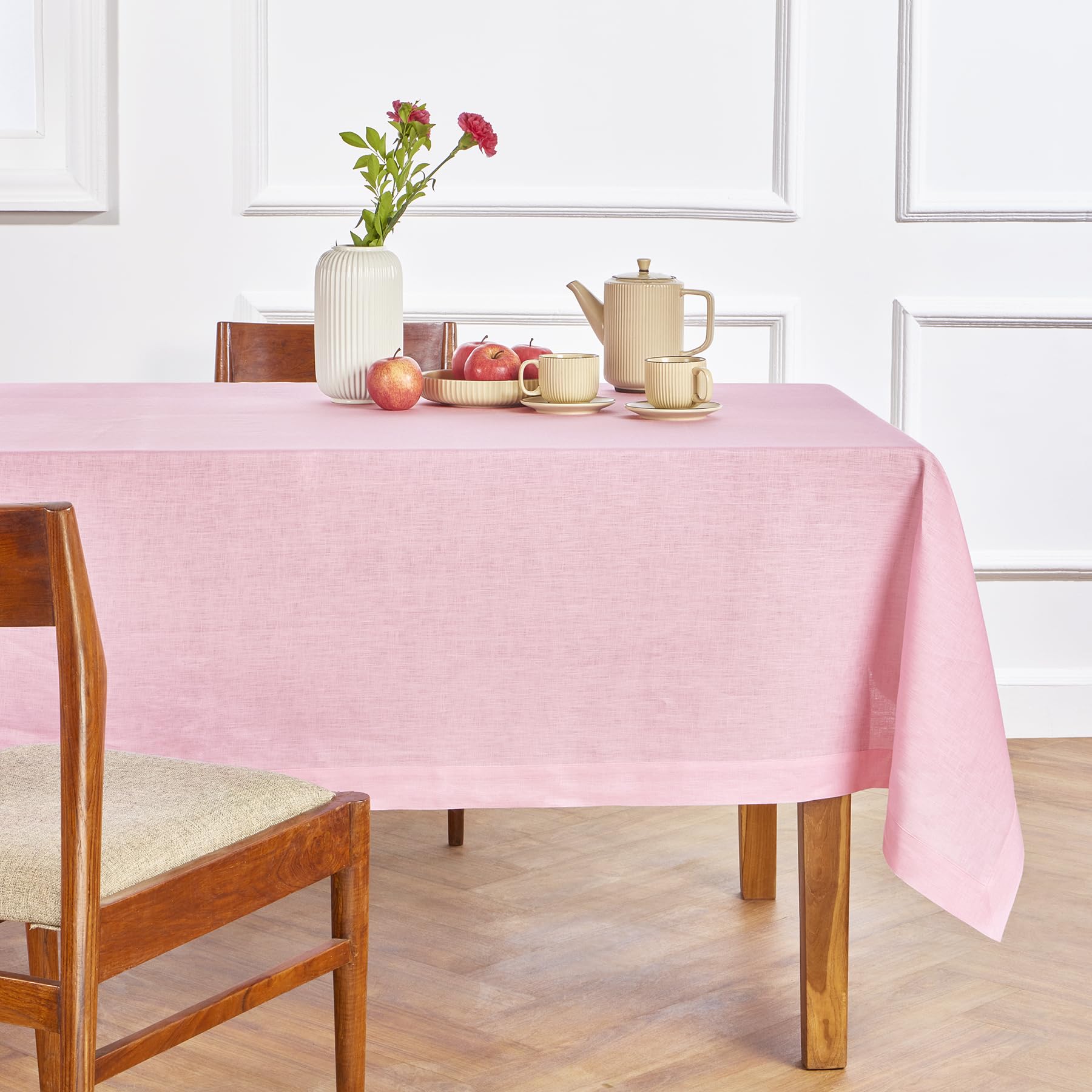 Solino Home Linen Tablecloth for Rectangle Tables 60 x 132 Inch - 100% Pure Linen Pink Lemonade Table Cloth - Fete, Machine Washable Cloth Tablecloth