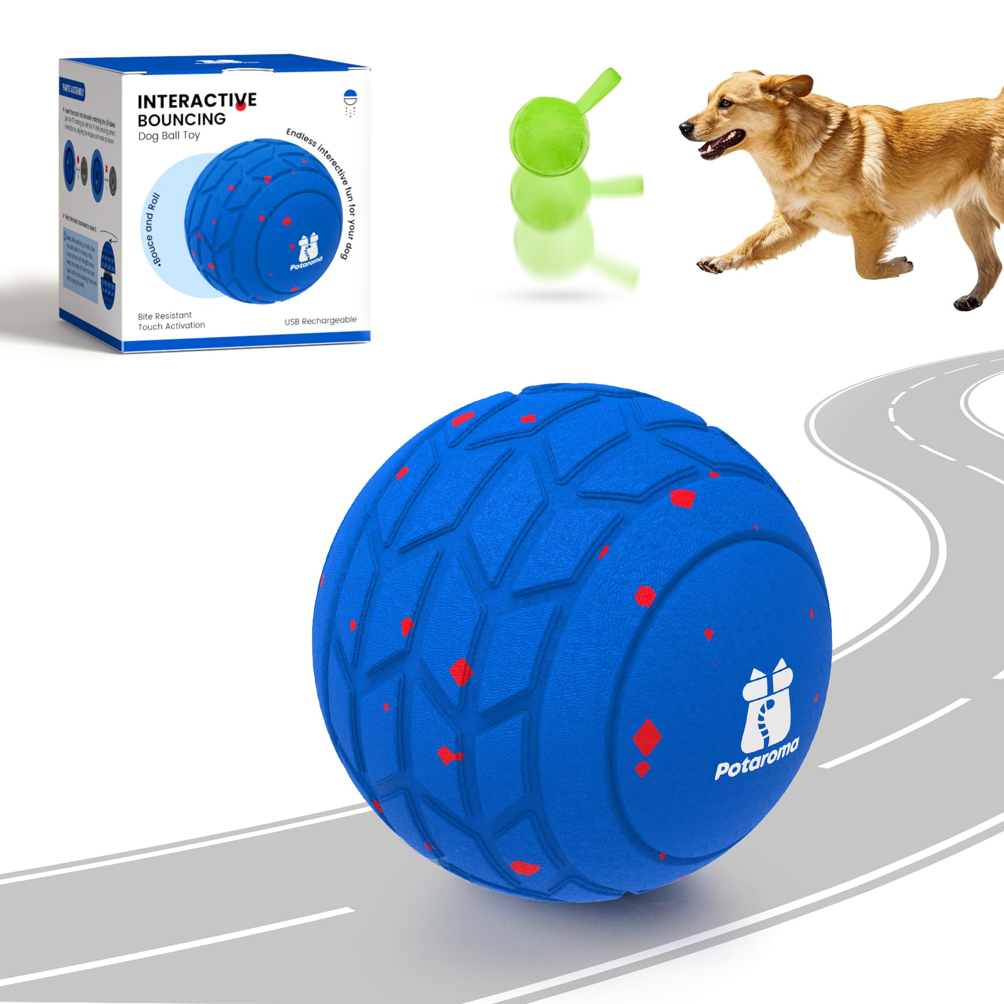 Potaroma Balle pour Chien – Jouet interactif rebondissant, Indestructible et Rechargeable USB (8,1 cm), idéal pour Chiots, Chiens Moyens et Grands
