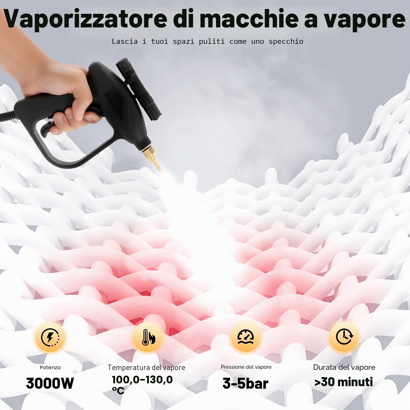 Pulitore a vapore 3000W con modalità dual fino a 130°C, dispositivo professionale ad alta temperatura per la pulizia di auto, casa, cucina, macchina per la decontaminazione