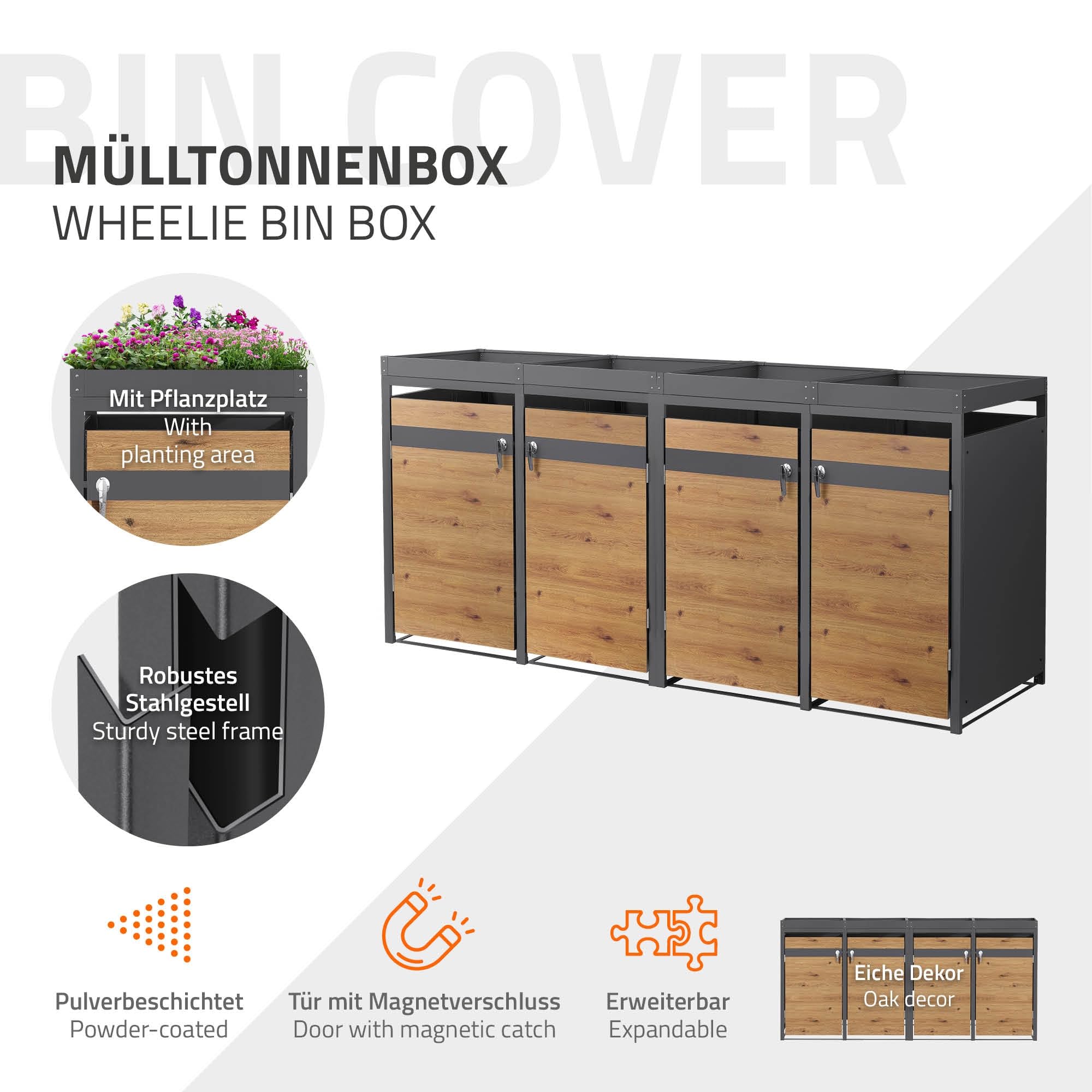 ML-Design pojemnik na odpady z daszkiem na 4 pojemniki na odpady, 240L 264x80x124 cm, debowy, stalowy, odporny na warunki atmosferyczne, zamykana pokrywa pojemnika na odpady z drzwiczkami