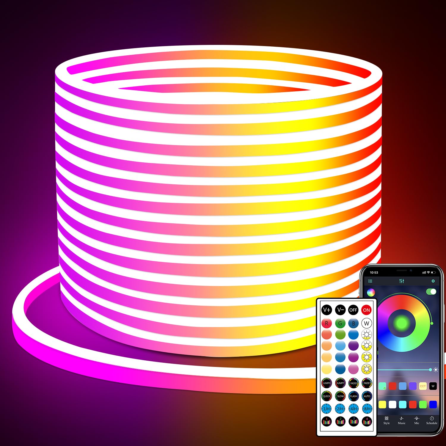 Segrass LED Strip 20m, Mit Fernbedienung, APP Steuerung, IP65 Wasserdichte Flexible RGB LED Streifen, 24V Neon LED Band, Anwendbar Auf Schlafzimmer Und Außendekoration