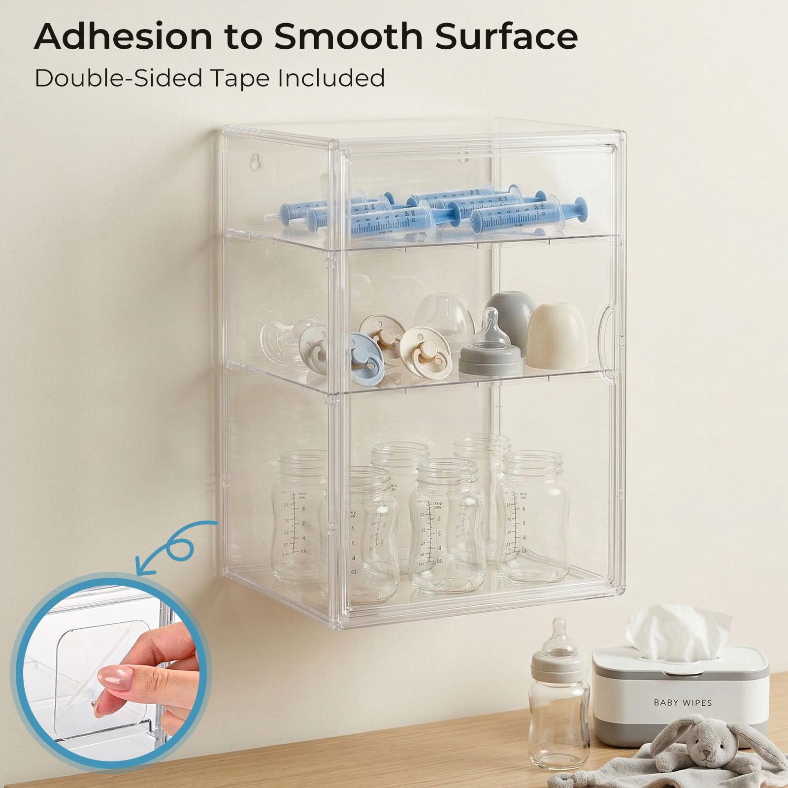 Organiseur de biberons – Support mural adhésif à 3 niveaux réglables en acrylique avec porte magnétique – Pour comptoir, armoire, cuisine et coiffeuse, cadeaux pour nouvelle maman