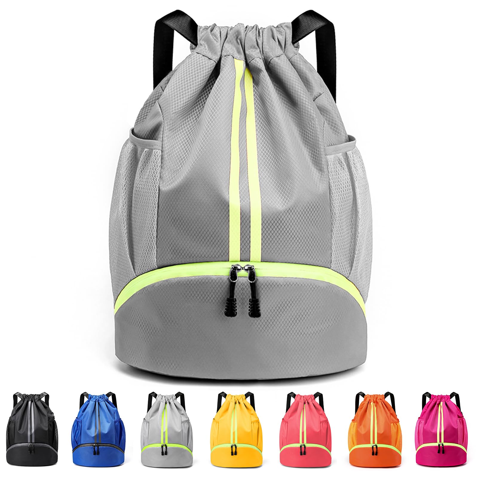 Qoosea Drawstring Backpack Sports Gym Sackpack with Mesh Pockets Shoe Compartment Water Resistant String Bag for Women Men
