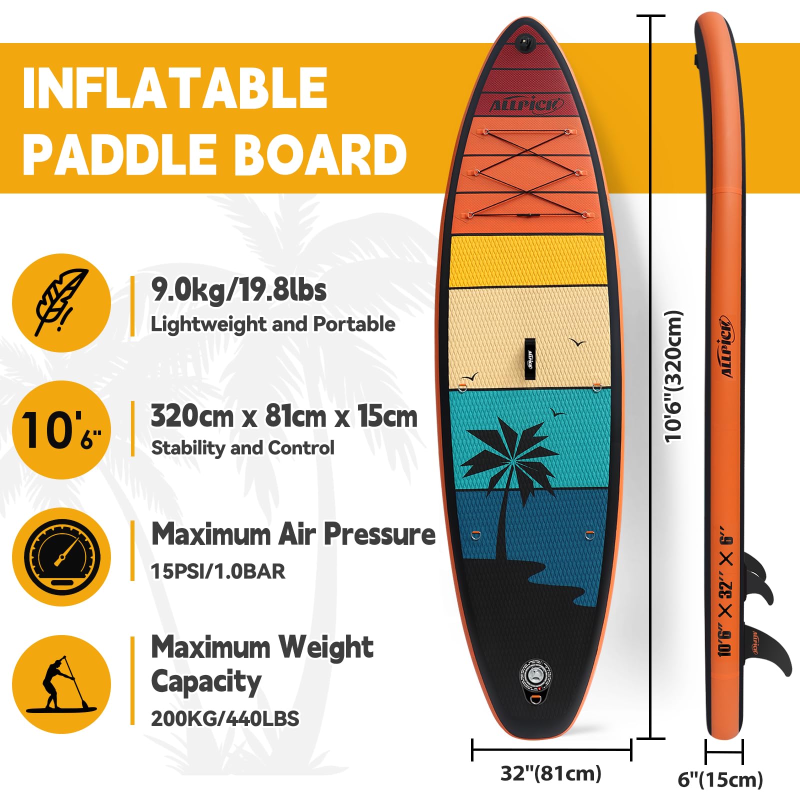 ALLPICK Sup Gonfiabile, Stand Up Paddle Board Gonfiabile, Con Supporto Universale per Fotocamera, Accessori Completi, Tavola da Sup Surf, Principianti e Avanzati, 150kg/180kg