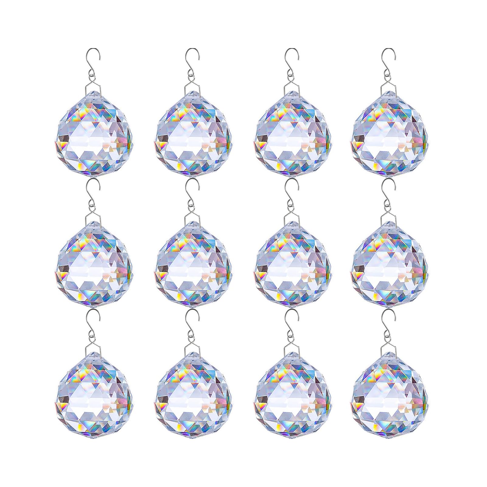Faceted Crystal Glass Prism Ornaments, 12 Piece Ball Set with Hooks, 2cm / 0.78inch Decor Accents for Window Areas, Lamps, and Indoor Displays Crystal Prism Decor Window Accent Chandelier Pendant