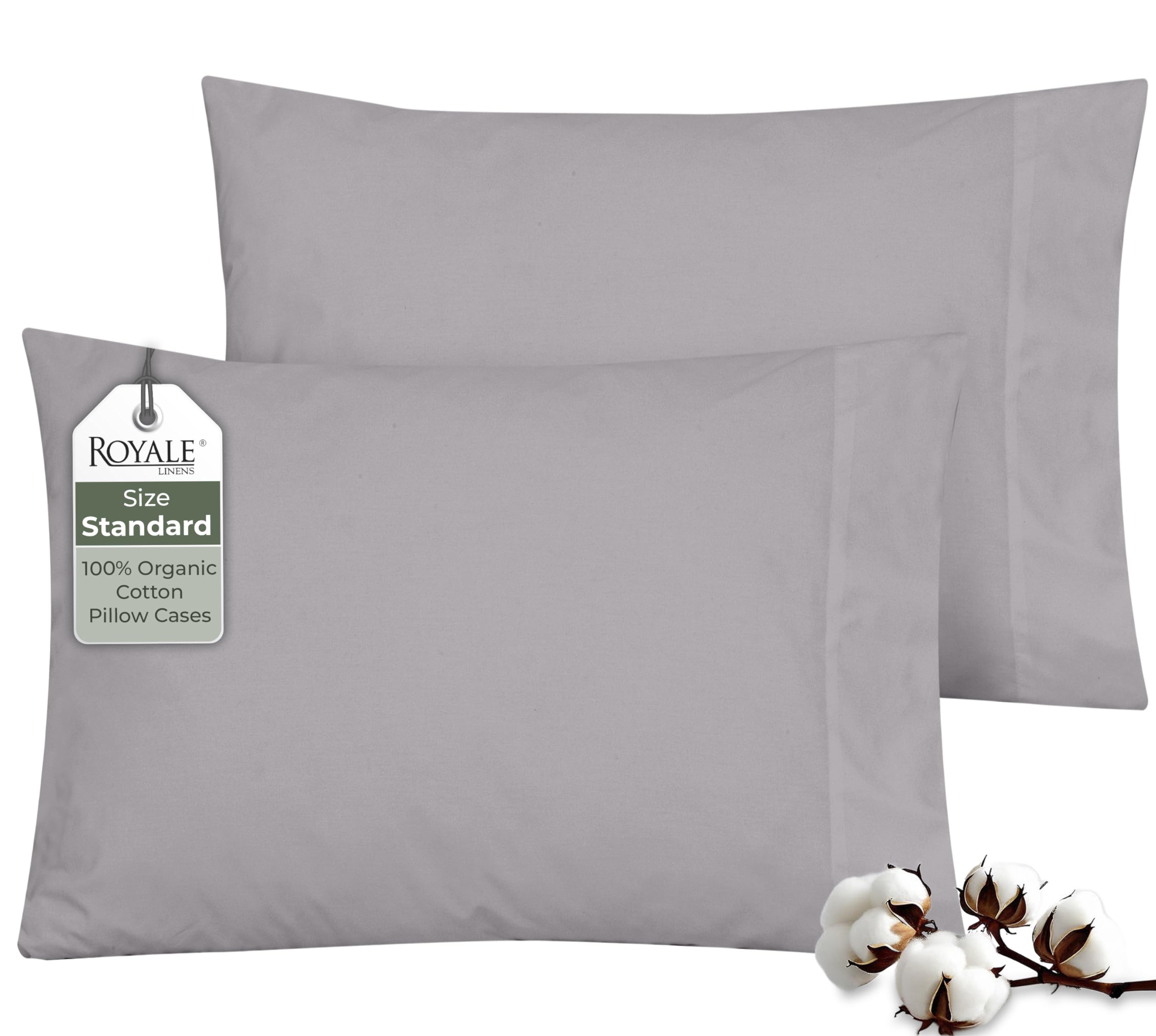 ROYALE LINENS 100% Organic Cotton Percale Pillowcases Set of 2 - Standard Size Percale Pillowcase - Standard Set of 2 Pillow Cover - Breathable, Cool &amp; Crisp Pillow Cases (20"x26", Silver)