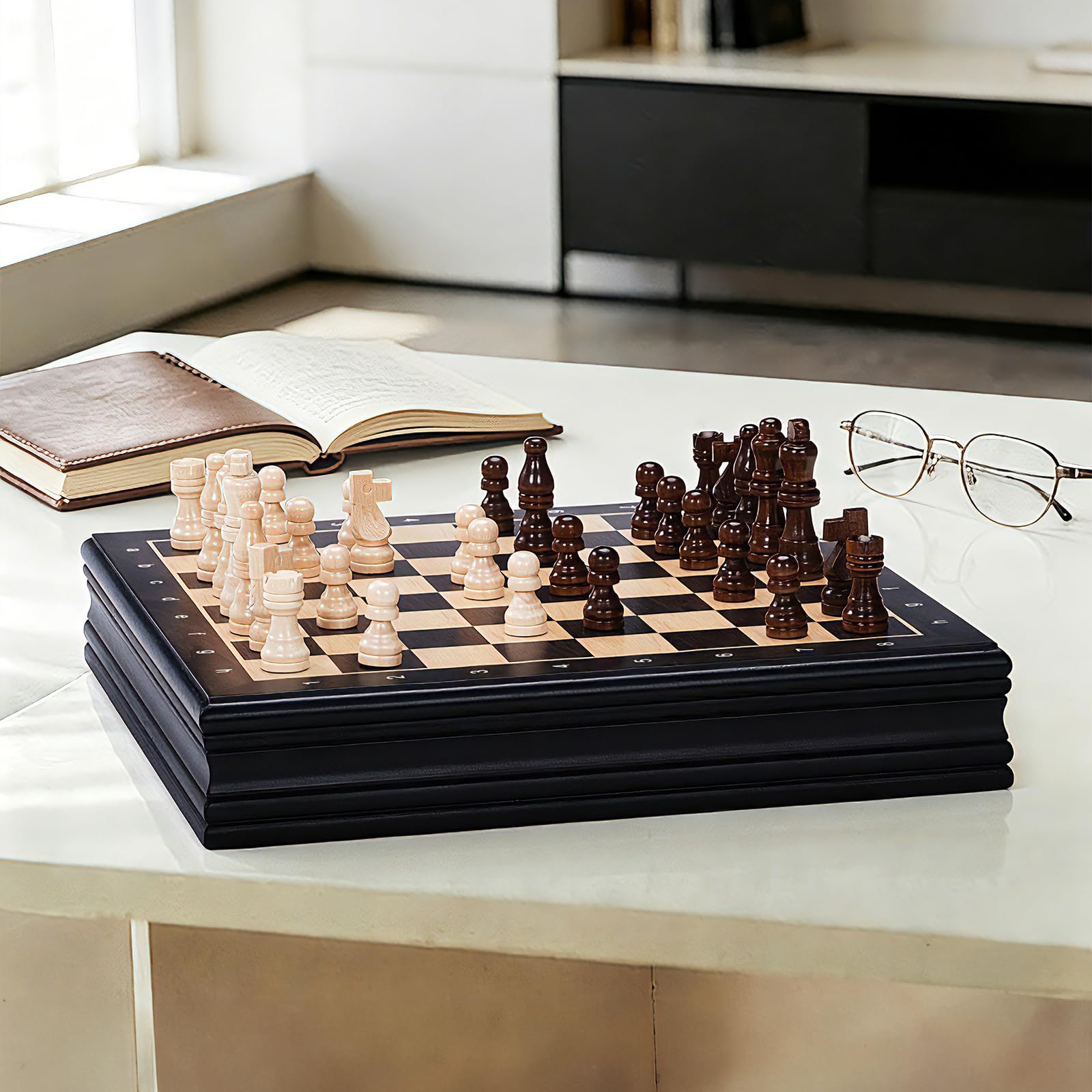 Peradix Ajedrez Magnético de Madera con Tapa Desmontable, Juego de Ajedrez y Damas 2 en 1 con Piezas, Regalo Tradicional para Adultos y Niños
