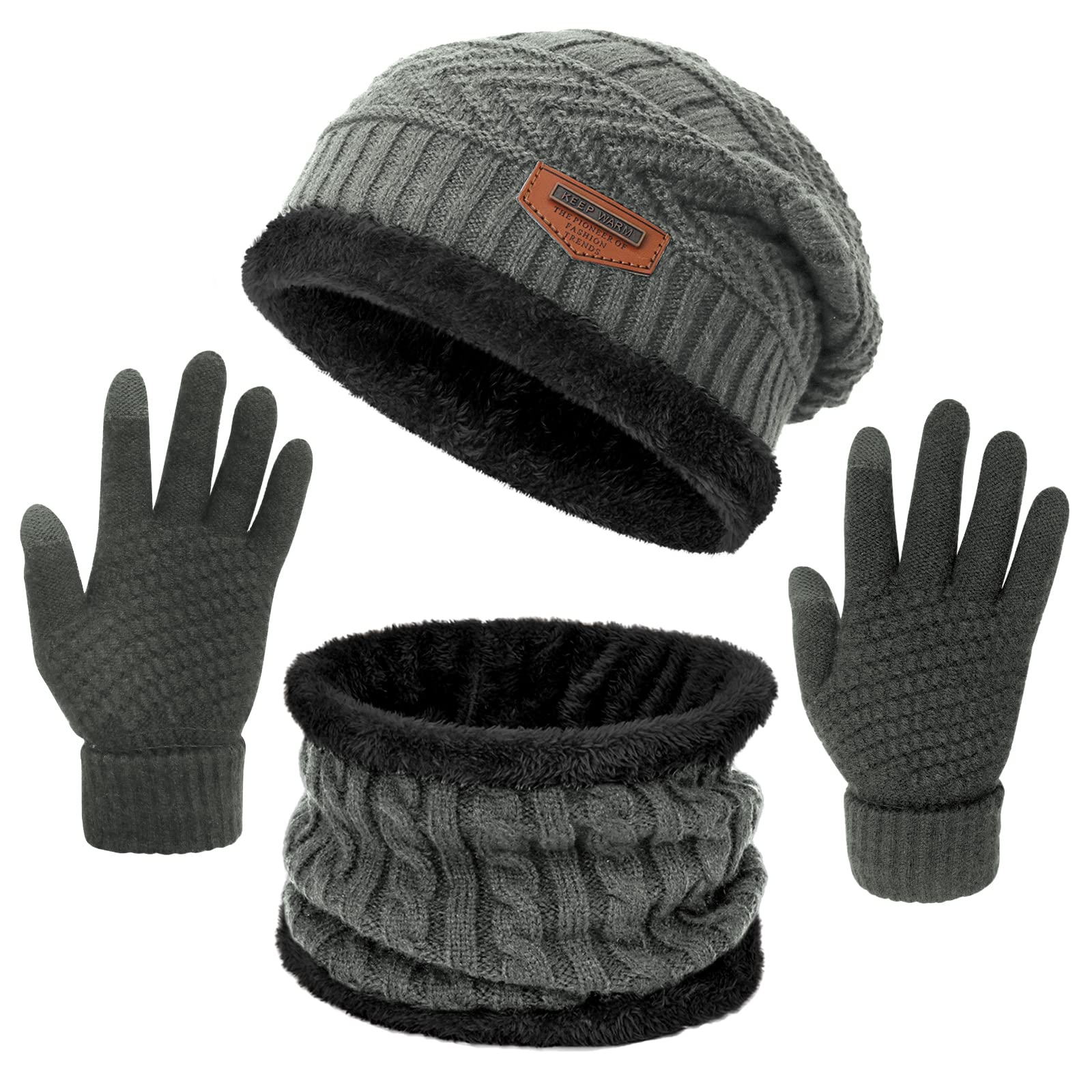 MADOO CITRUS Winter Knit Beanie Hat Scarf Touch Screen Gloves - Thick Warm Knit Slouchy Cap Neck Warmer for Men Women, Gray-(hat+scarf+gloves), M