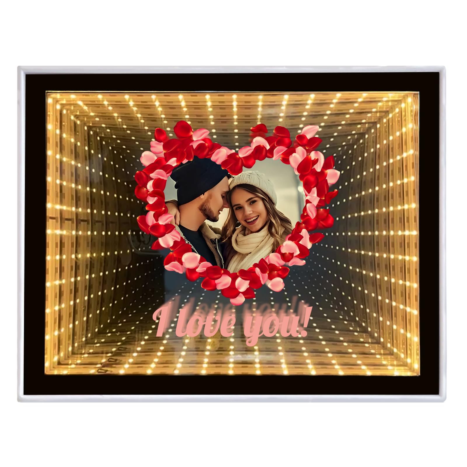 Personalised Infinity Mirror Customized Photos, Desktop LED Night Light Makeup Mirror 2 in 1, Custom Valentines Day, Anniversary, Birthday Gifts for Couple, Home Decoration Bedroom Office Living Room