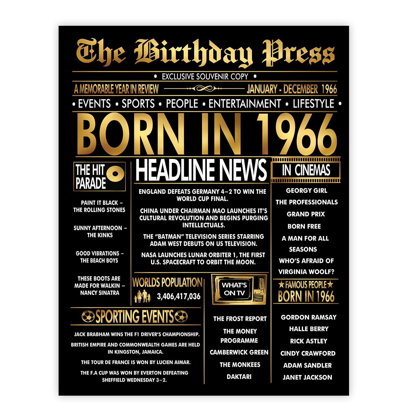Stuff4 Gold 60th Birthday Poster Unframed, Golden Born In 1966 Newspaper