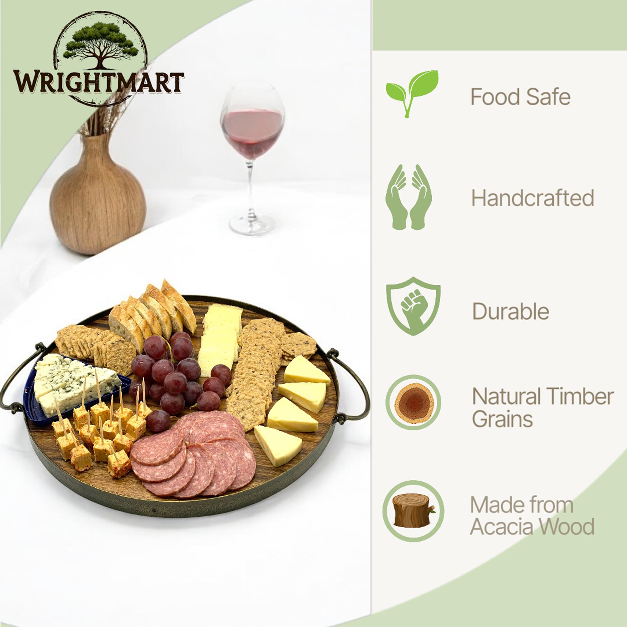 Bandeja, bandeja para servir de madera, servicio para cocina, comedor, sala de estar, piscina, borde de marco de acero antiguo, asas de fácil agarre, hecho de 1 pieza sólida de madera de