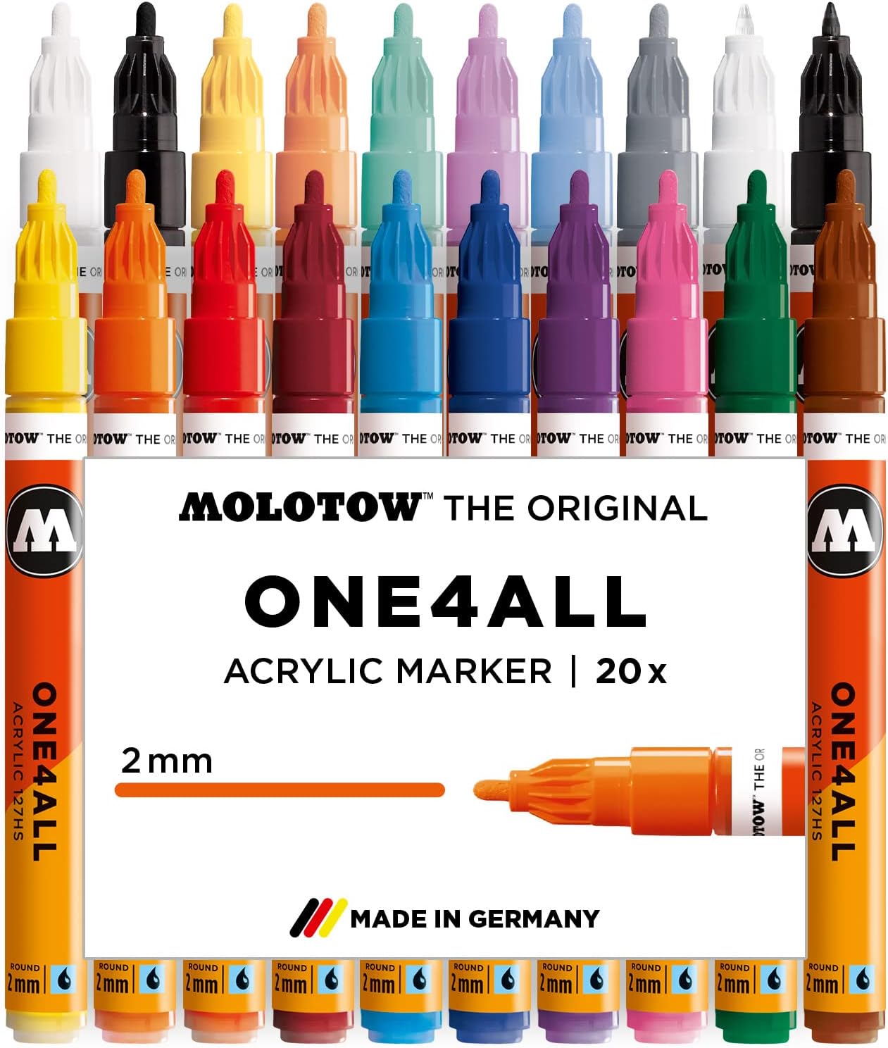 One4All 127HS Acryl Marker Main-Kit 1 (2,0 mm Strichstärke, hochdeckend und permanent, UV-beständig, für fast alle Untergründe) 20 Stück sortiert
