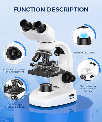 Miniatura 7 de Microscopio binocular compuesto para niños y estudiantes, aumento 40X-2000X, kit de microscopio con diapositivas y muestras, equipo de laboratorio