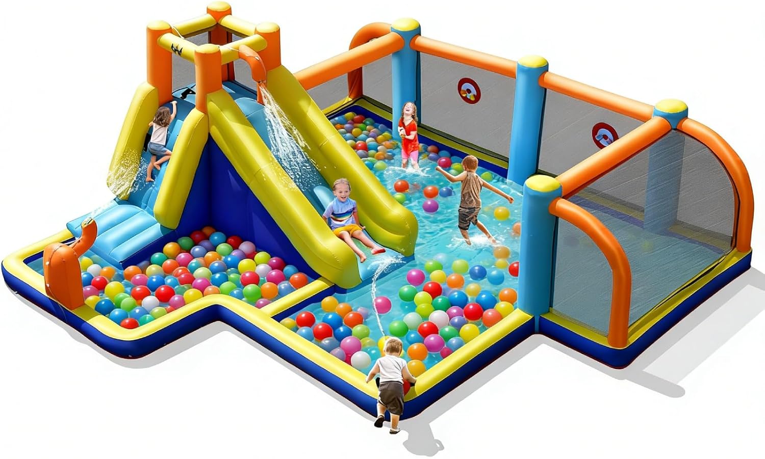 BOUNTECH Inflatable Water Slide, Kids Water Park Jump Castle Water Soccer with Dual Cannons, Splash Pool, Water Slides Inflatables for Outdoor, Backyard Party Water Slide Bounce House for Big Kids