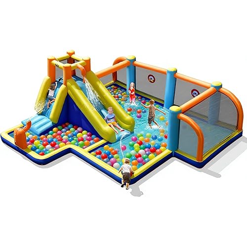 BOUNTECH Inflatable Water Slide, Kids Water Park Jump Castle Water Soccer with Dual Cannons, Splash Pool, Water Slides Inflatables for Outdoor, Backyard Party Water Slide Bounce House for Big Kids