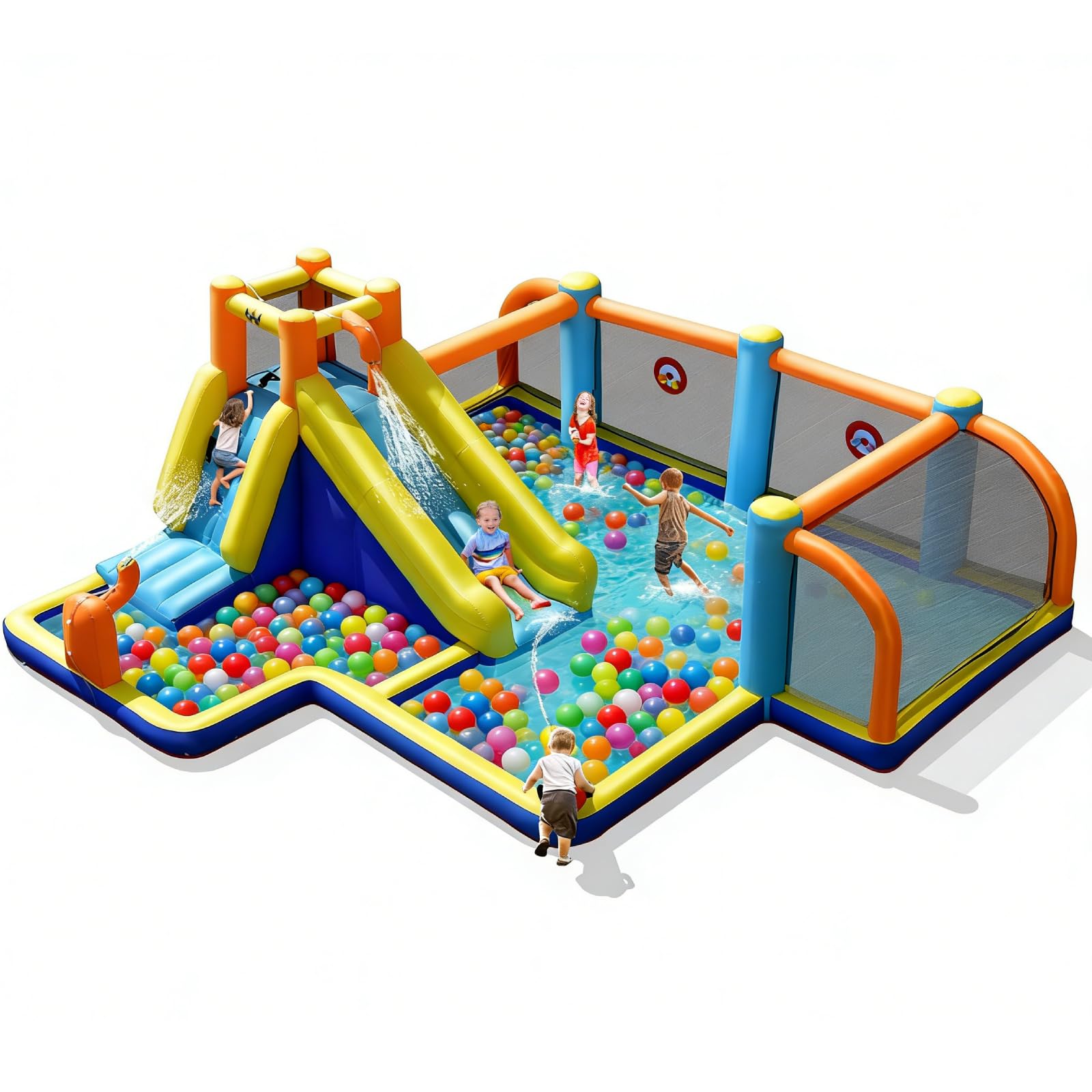 BOUNTECH Inflatable Water Slide, Kids Water Park Jump Castle Water Soccer with Dual Cannons, Splash Pool, Water Slides Inflatables for Outdoor, Backyard Party Water Slide Bounce House for Big Kids