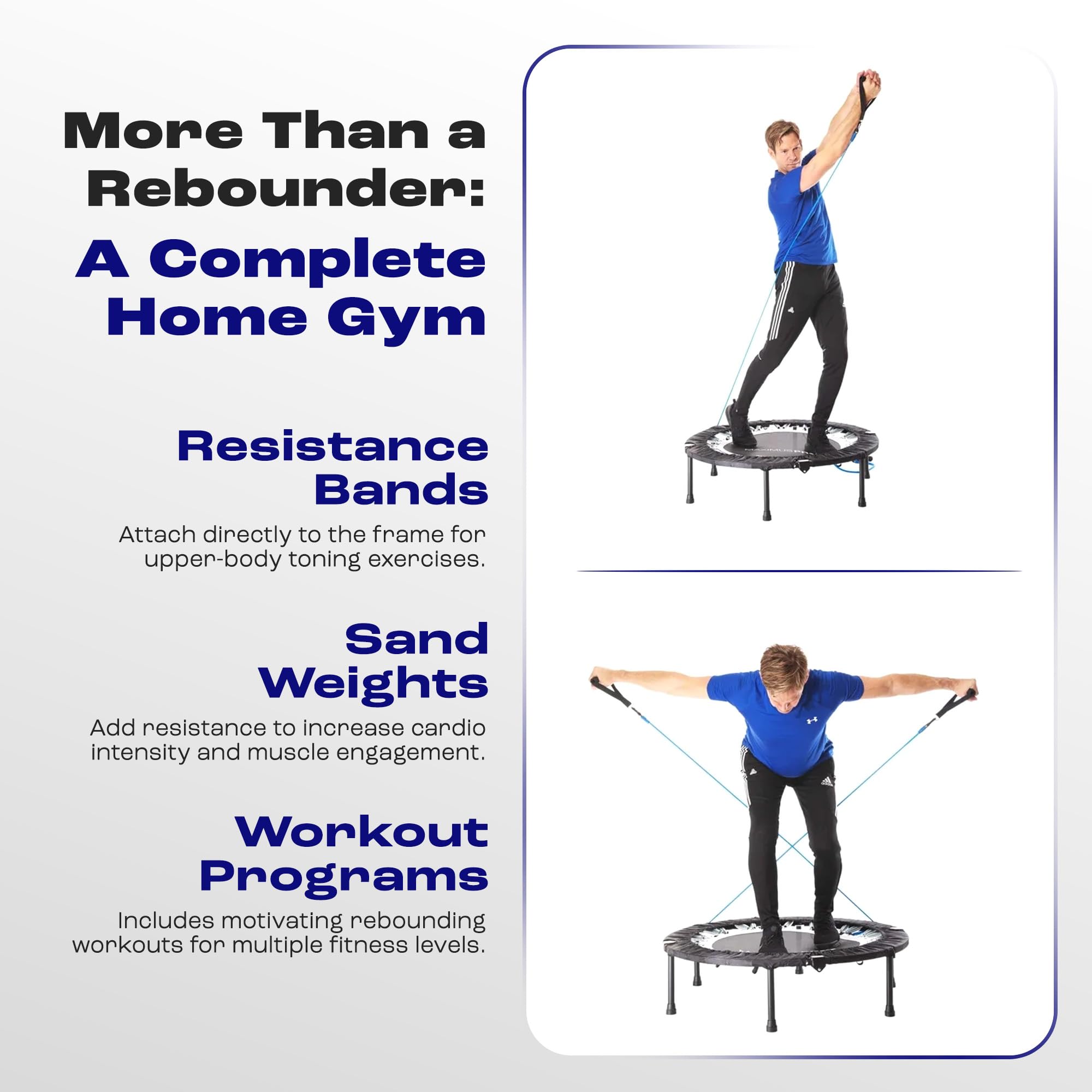 Rebounder MaXimus Pro – Mini Trampolino Professionale pieghevole, 2 dvd con 7 video d’allenamenti (Inglese), borsa, pesi di sabbia, corde elastiche di resistenza.
