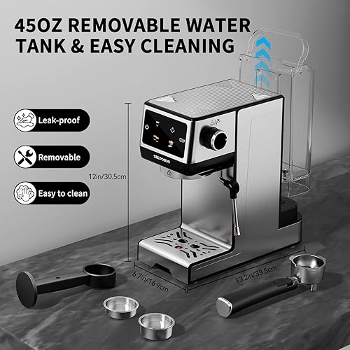 Miniatura 7 de Máquina de café expreso, 20 bares, máquinas de capuchino con espumador de leche para el hogar, cafetera compacta y cafetera de acero inoxidable para