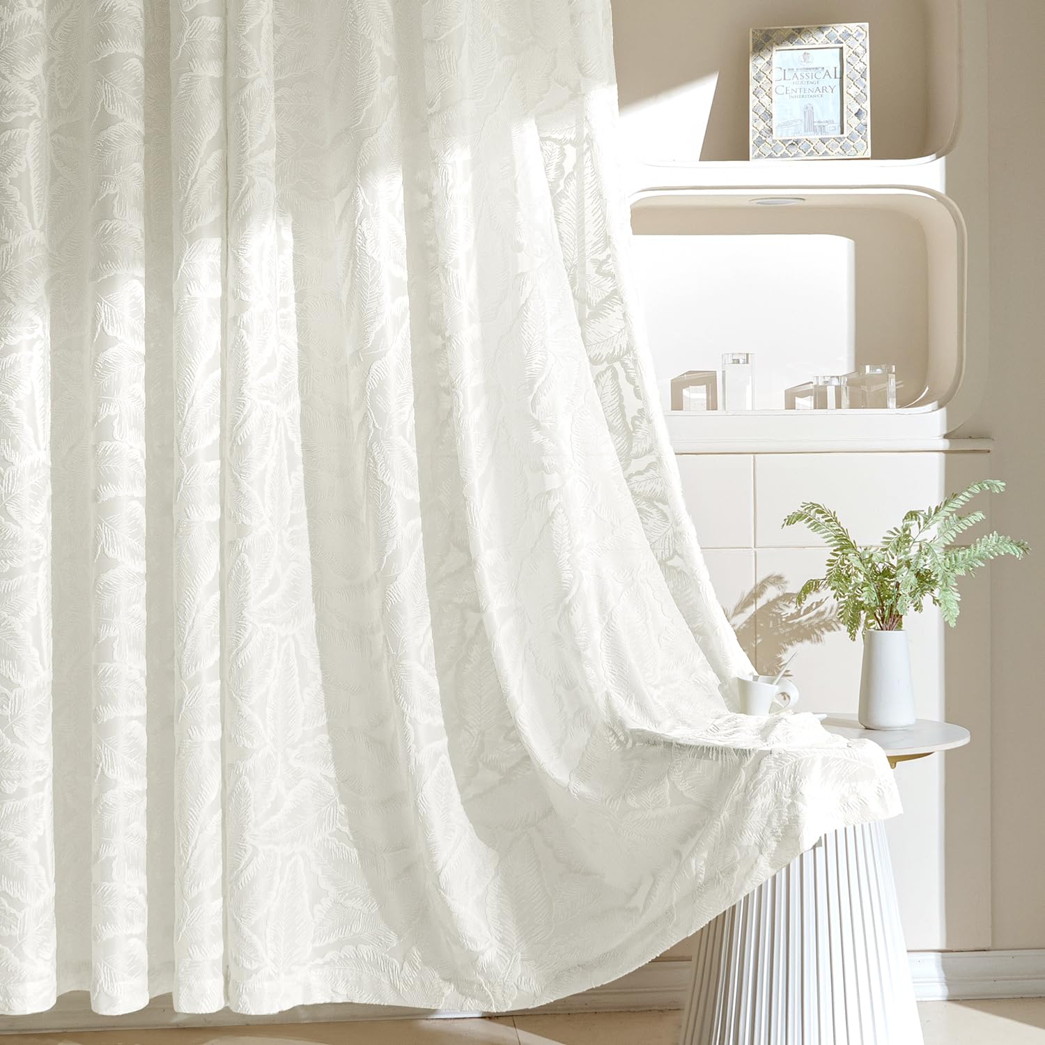 MIULEE Tende Ricamate a Foglie Trasparenti per Soggiorno e Camera da Letto - Eleganti e Moderne Con Occhielli, Set di 2 Pezzi 140X240 cm Bianco