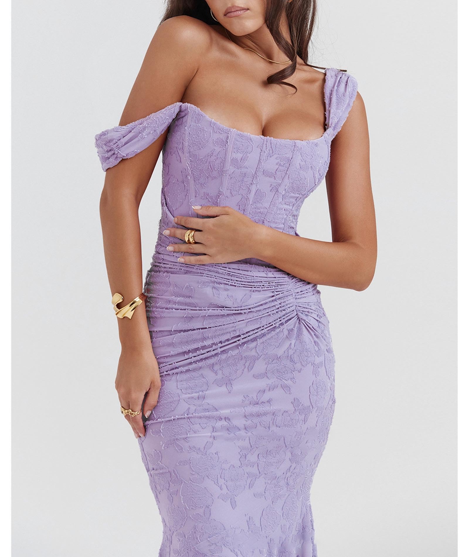 xxxiticat Robe élégante pour femme - Robe moulante en dentelle à queue de poisson - Robe à chevrons - Bandoulière - Robe maxi froncée