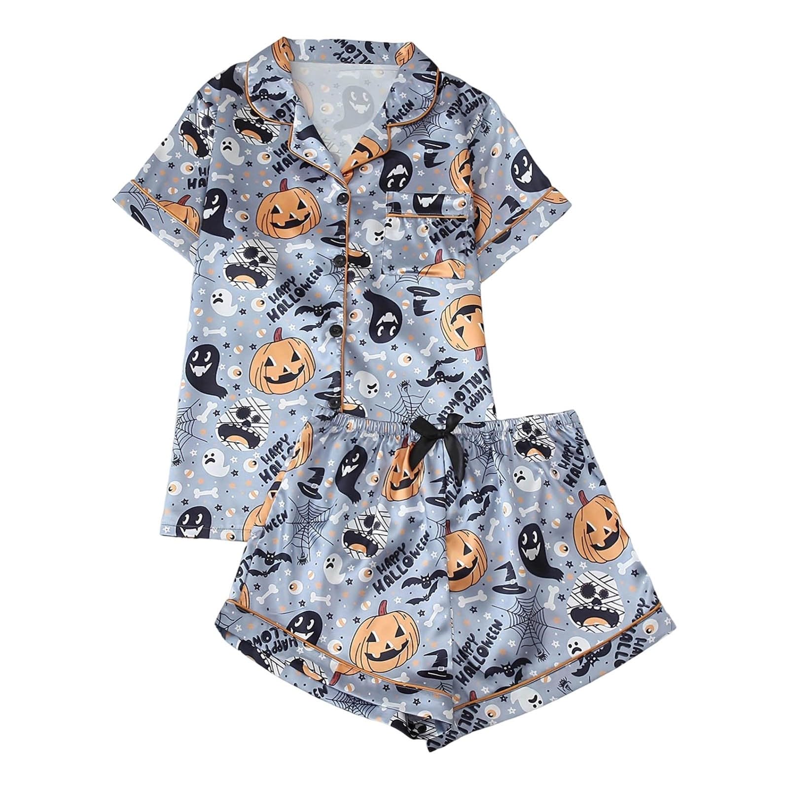 Conjunto de pijama de seda de satén con estampado de Halloween para mujer, camiseta de manga corta con botones y pantalones cortos, ropa casual, ropa de dos piezas, ropa de dormir cómoda para la