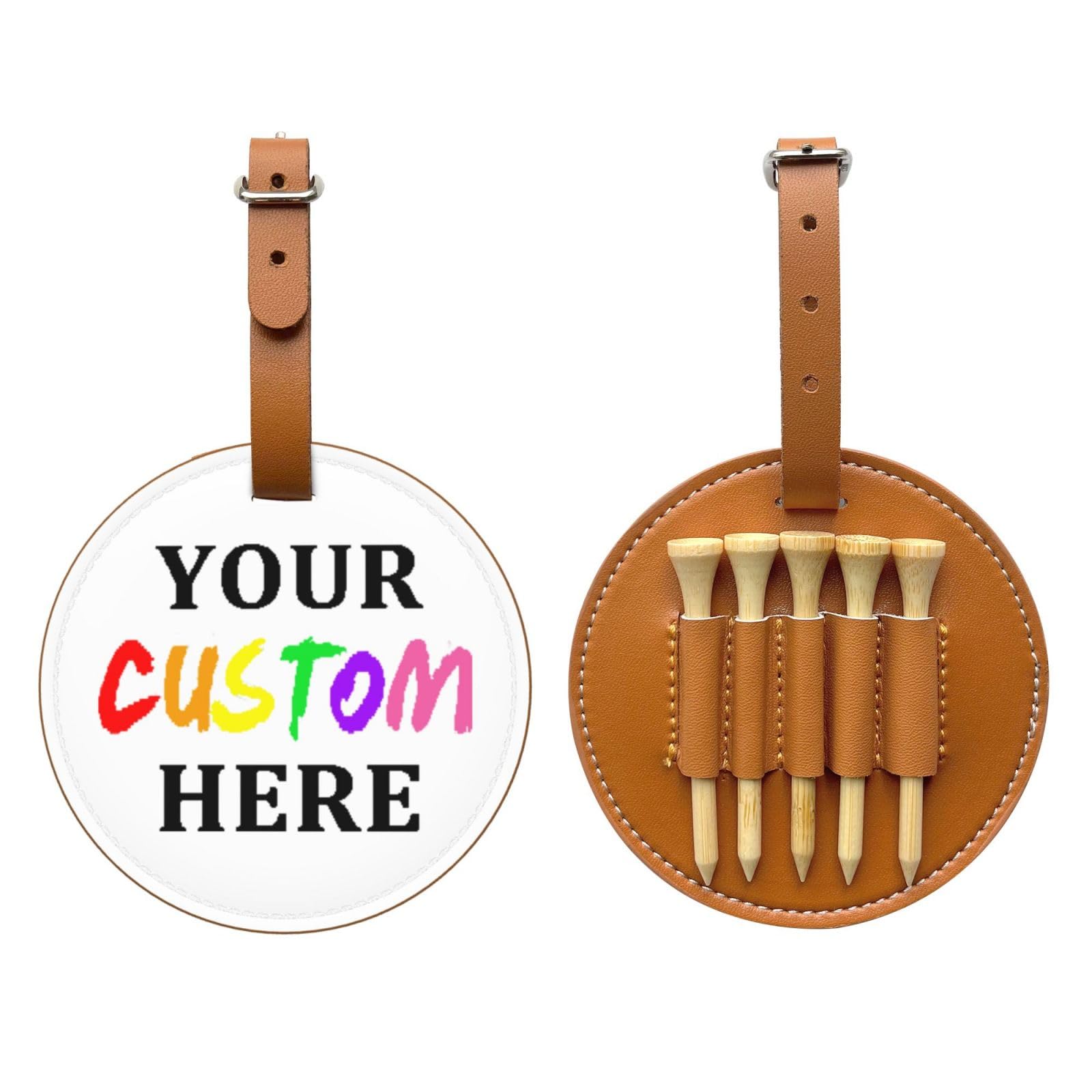 HSPOILDOGED Custom Design Golf Tees Holder, Add Your Photo Name Personalized Leather PU Golf Tees Storage Bag Customized Golf Tees Accessory for Men Women Golfer (Brown)