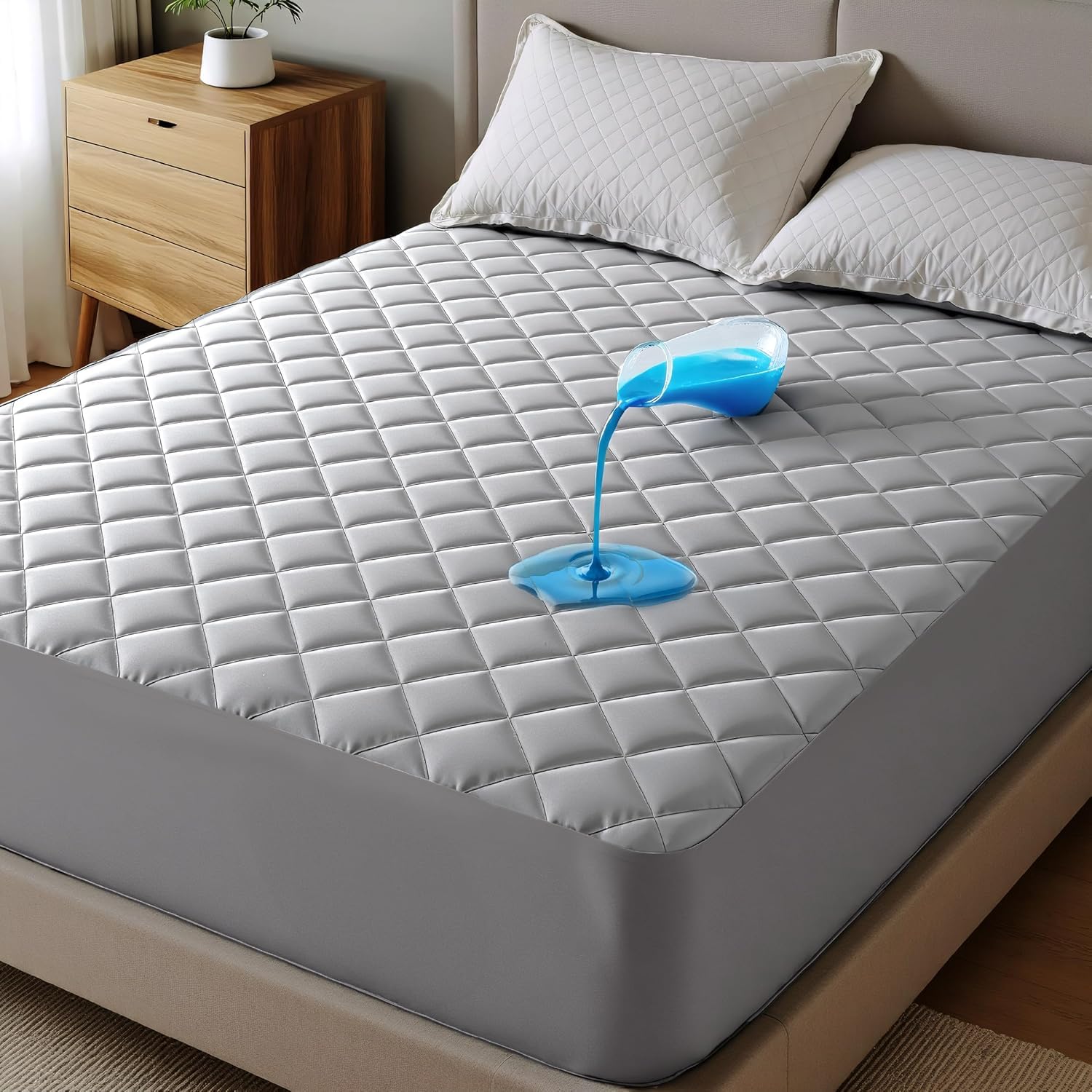 Waterproof Quilted Mattress Protector |Breathable & Noiseless TPU Layer | 360° Elastic Fitted Mattress Cover | Soft Bed Protector | Grey | Queen Size (72x60 Inch)-image-20