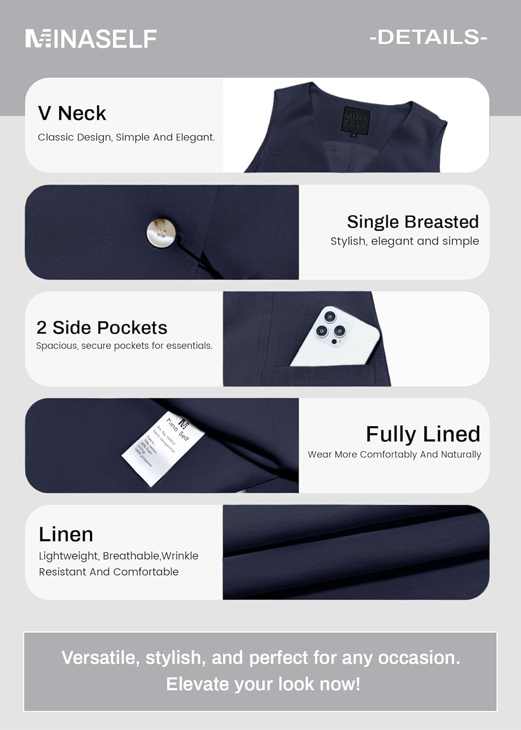 Mina Self 2026 Summer Women's Linen-Cotton Blend Vest Tops - Lightweight Breathable Long Fashion Clothes with Pockets