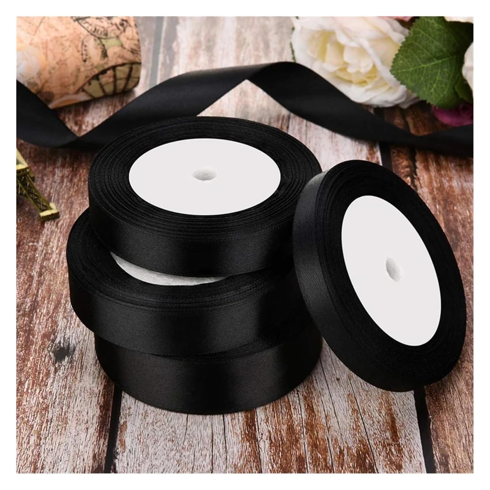 Wstążki do owijania tortów, Wstążka do pakowania ciasta Czarna satynowa szerokość 10–25 mm Opakowanie 2 szt. 50 jardów(2cm Black)