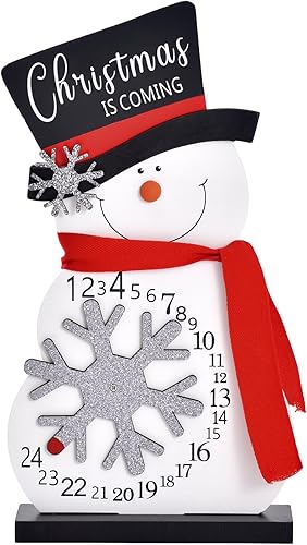 GHOSTMAGIC Calendario de Adviento de cuenta regresiva de Navidad, decoración navideña de muñeco de nieve de madera, letrero rústico de Feliz