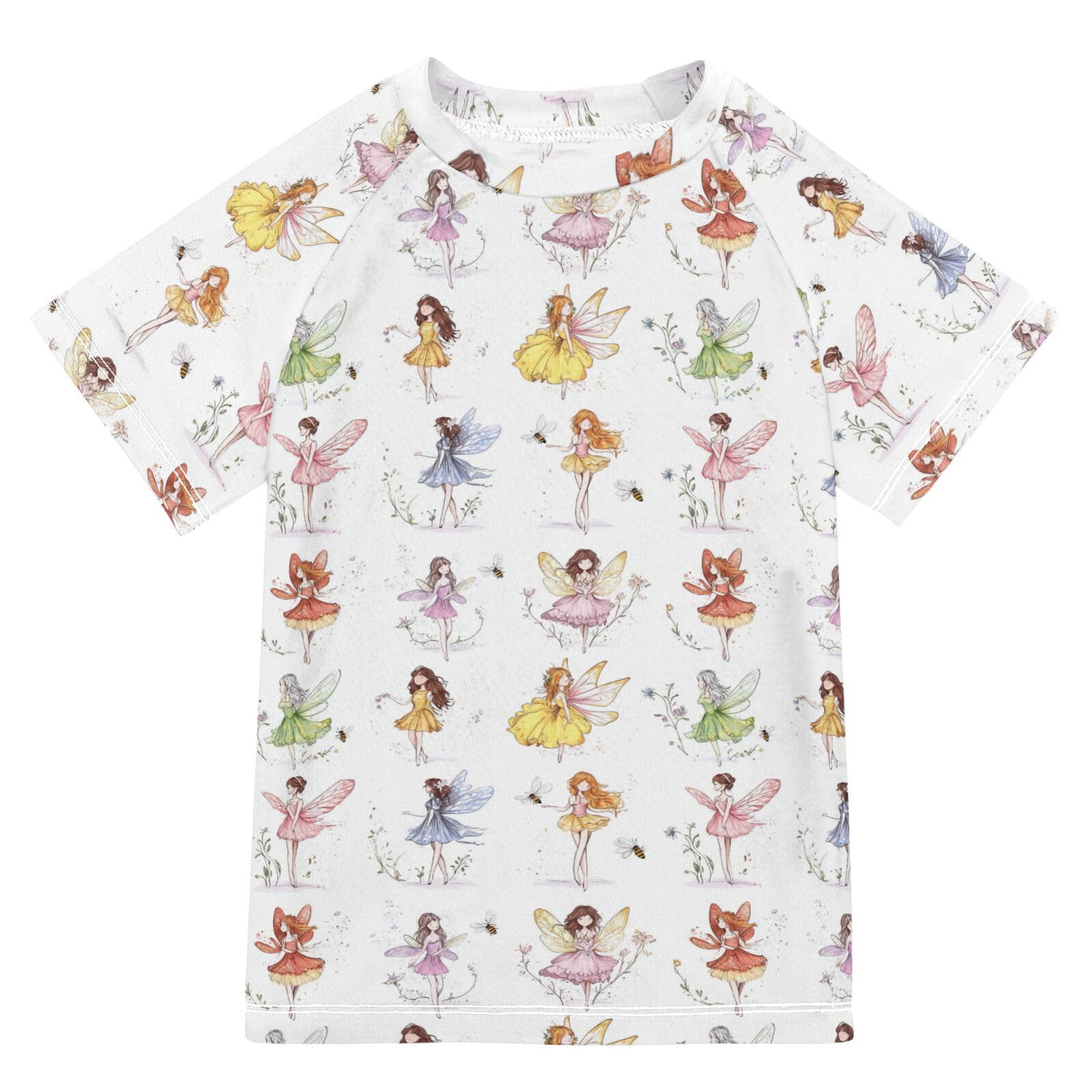 Girl Bathing Suit Short Sleeve Kids Rash Guard 11T Cartoon Sweet Fairy White