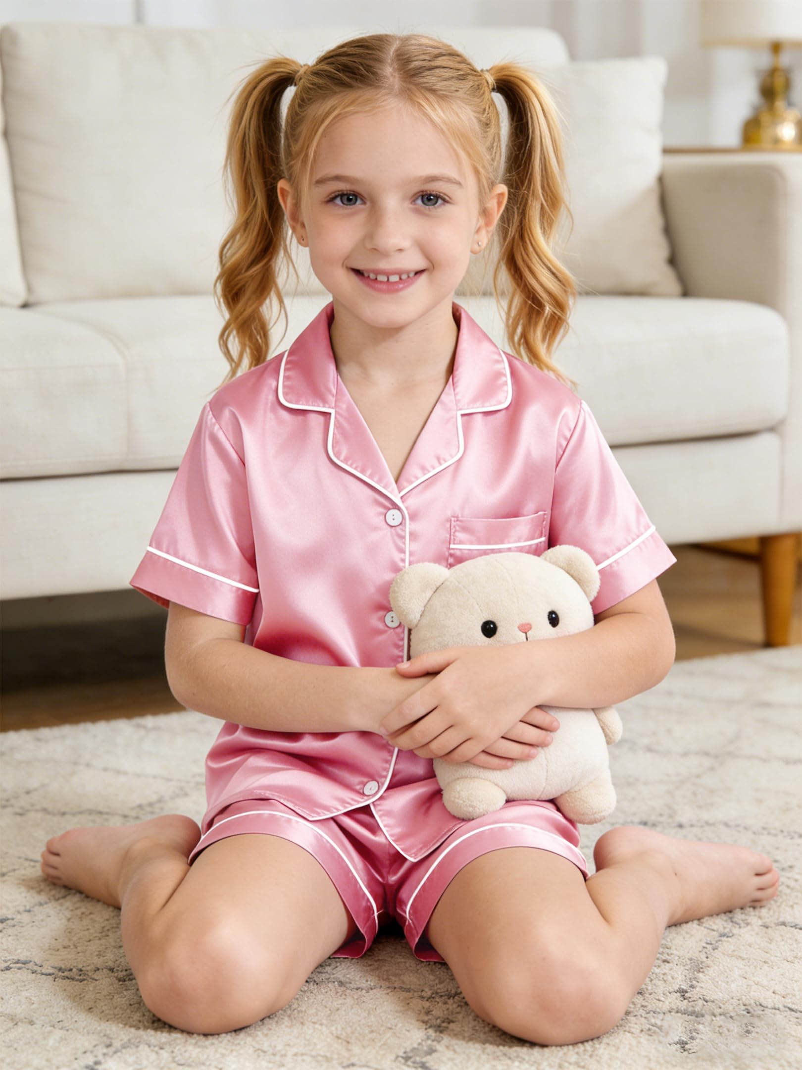 LANKMEI Girls & Boys Satin 2Pcs Short Sleeve Pajamas Set | Luxury Silky Breathable & Soft Button Top & Shorts Set Elastic Waist Ideal for sleepovers summertravel & daily comfort product thumbnail 8