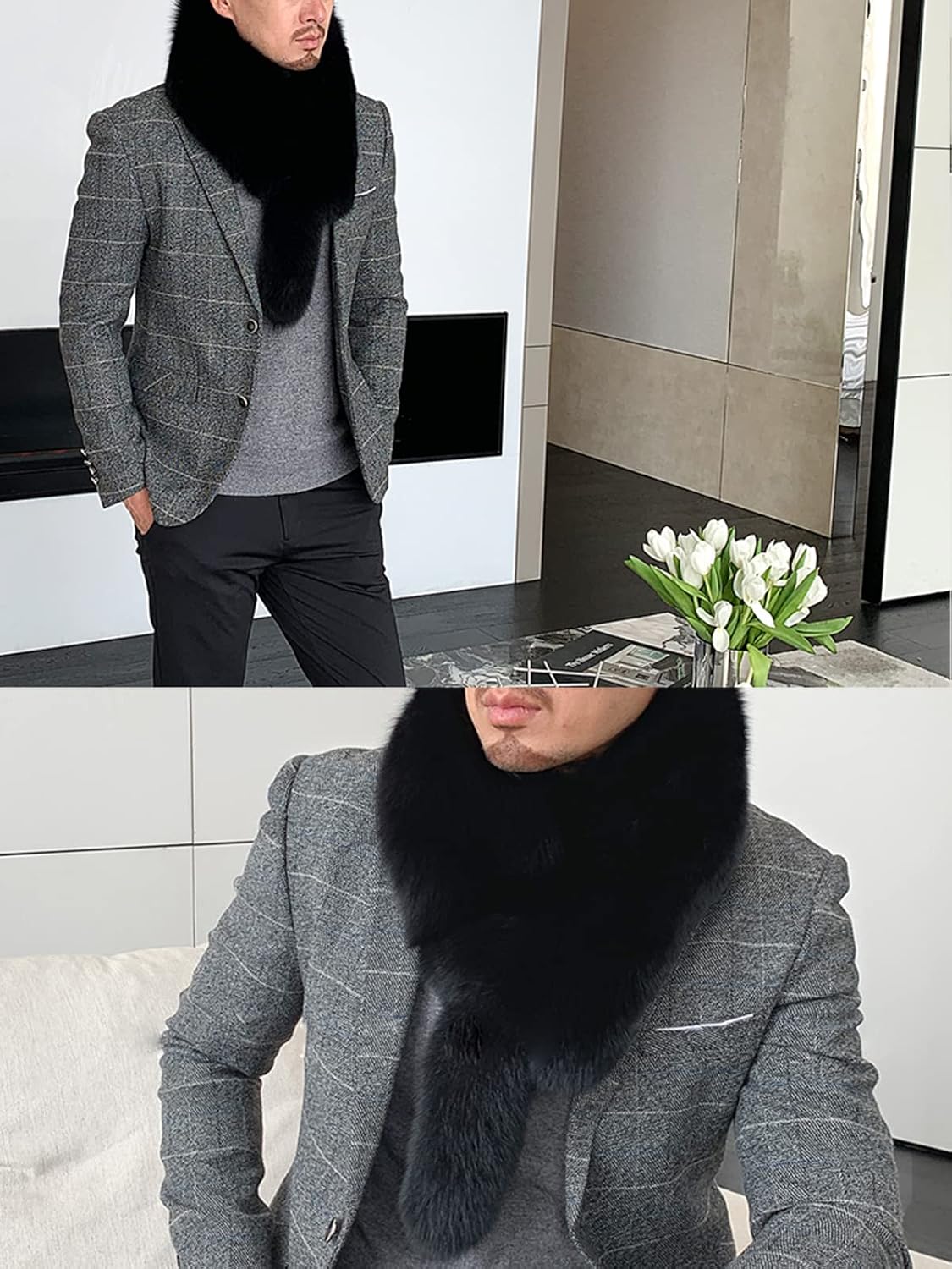 Men Winter Scarves Real Whole Fox Hair Scarf Neck Warmer with Tail Neckerchief Wrap Casual Party