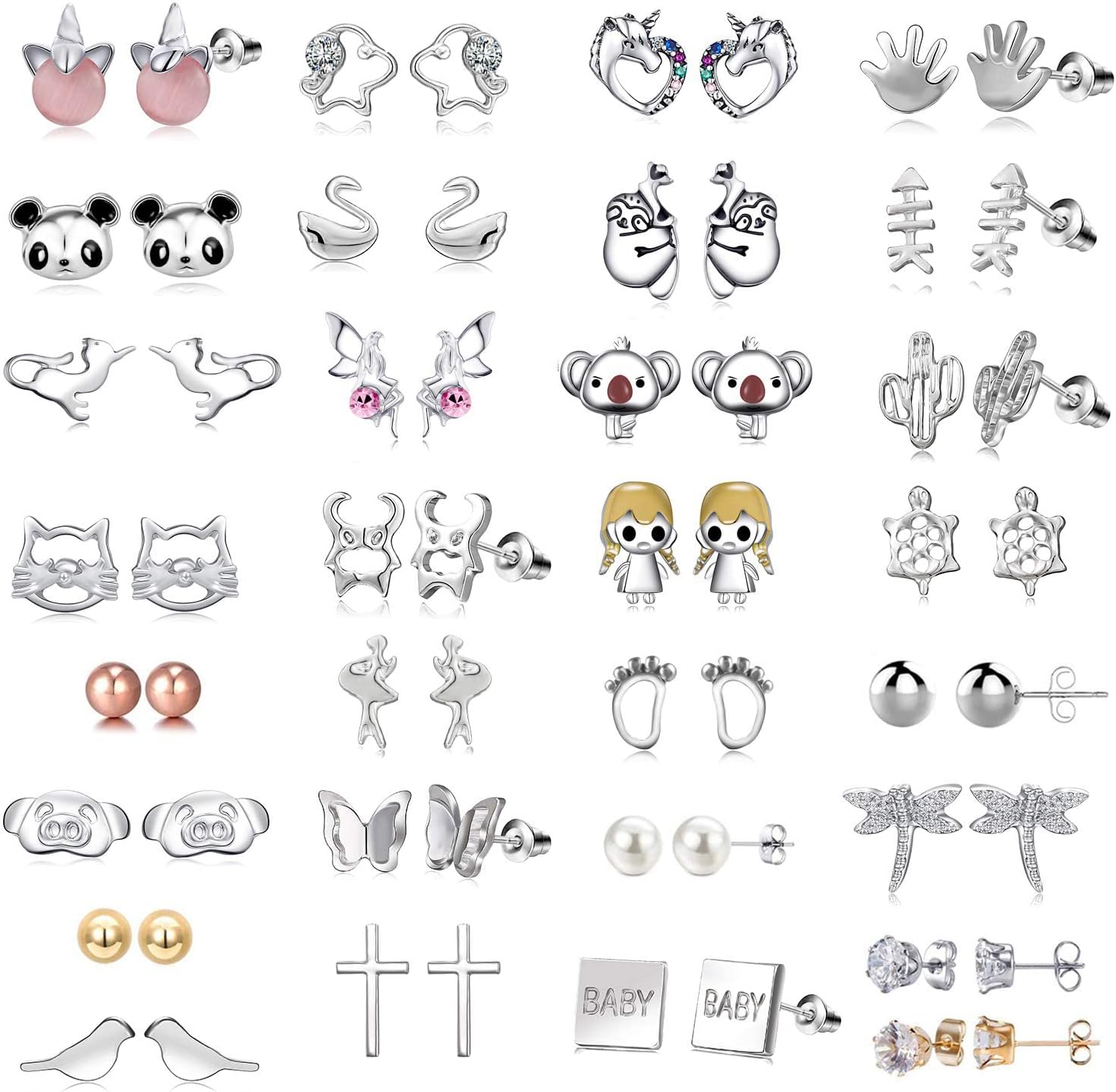 30 Pairs Assorted Stainless Steel Stud Earrings for Teen Girls - Hypoallergenic